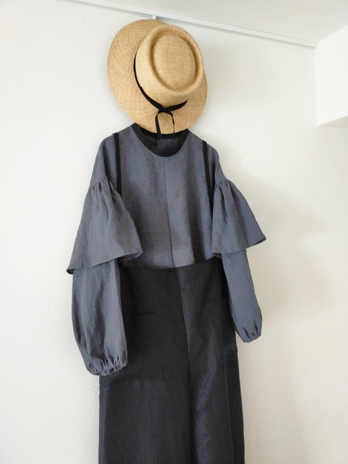 Double sleeve linen blouse/gray