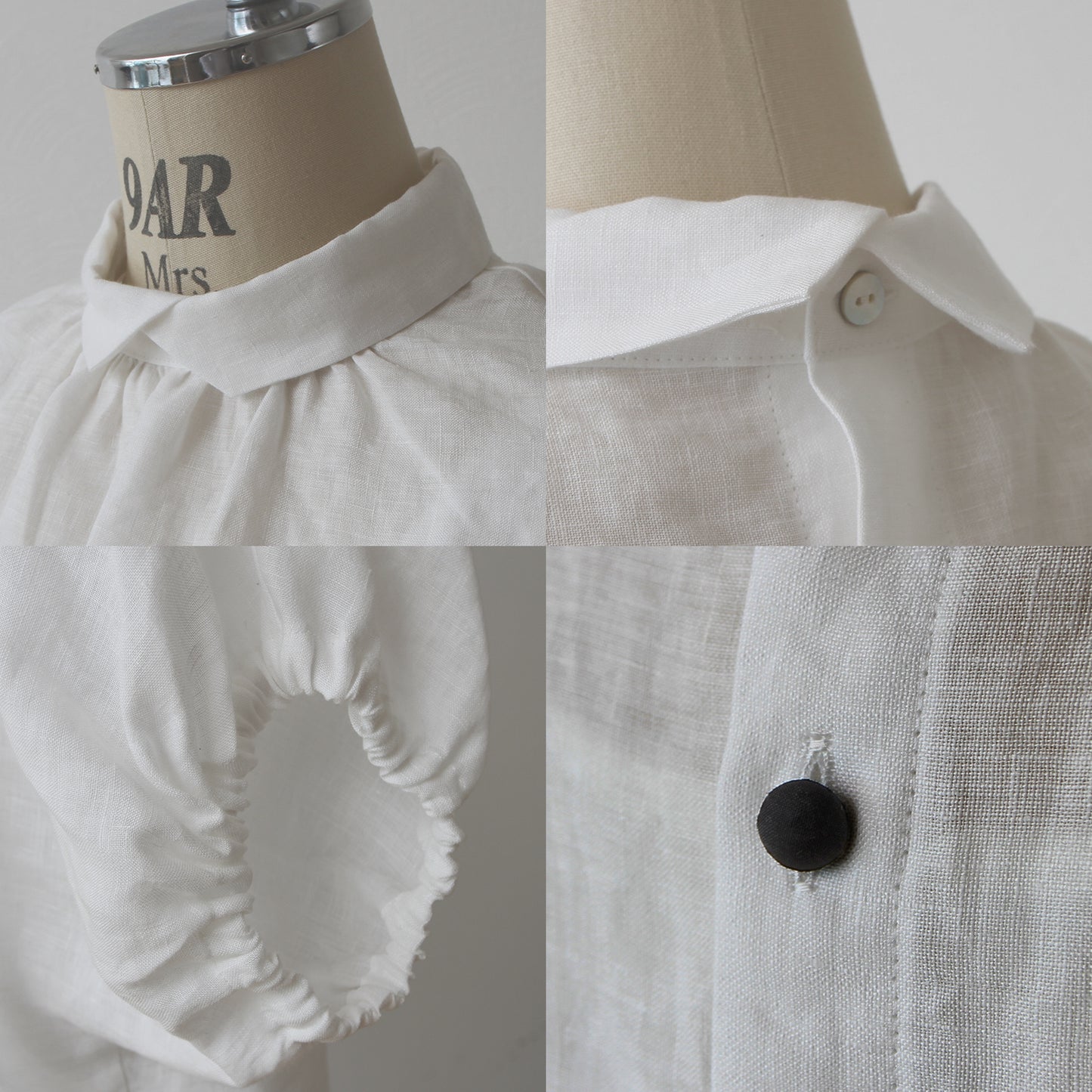 French linen blouse with voluminous sleeves and covered buttons on the back for a mature and cute look / half-sleeve / white