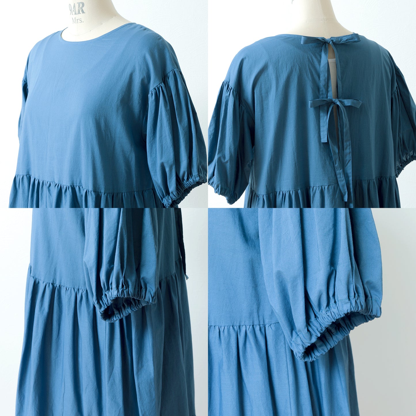 A cute and mature tiered 2-way dress with plenty of gathers and 5/8 sleeves/Blue