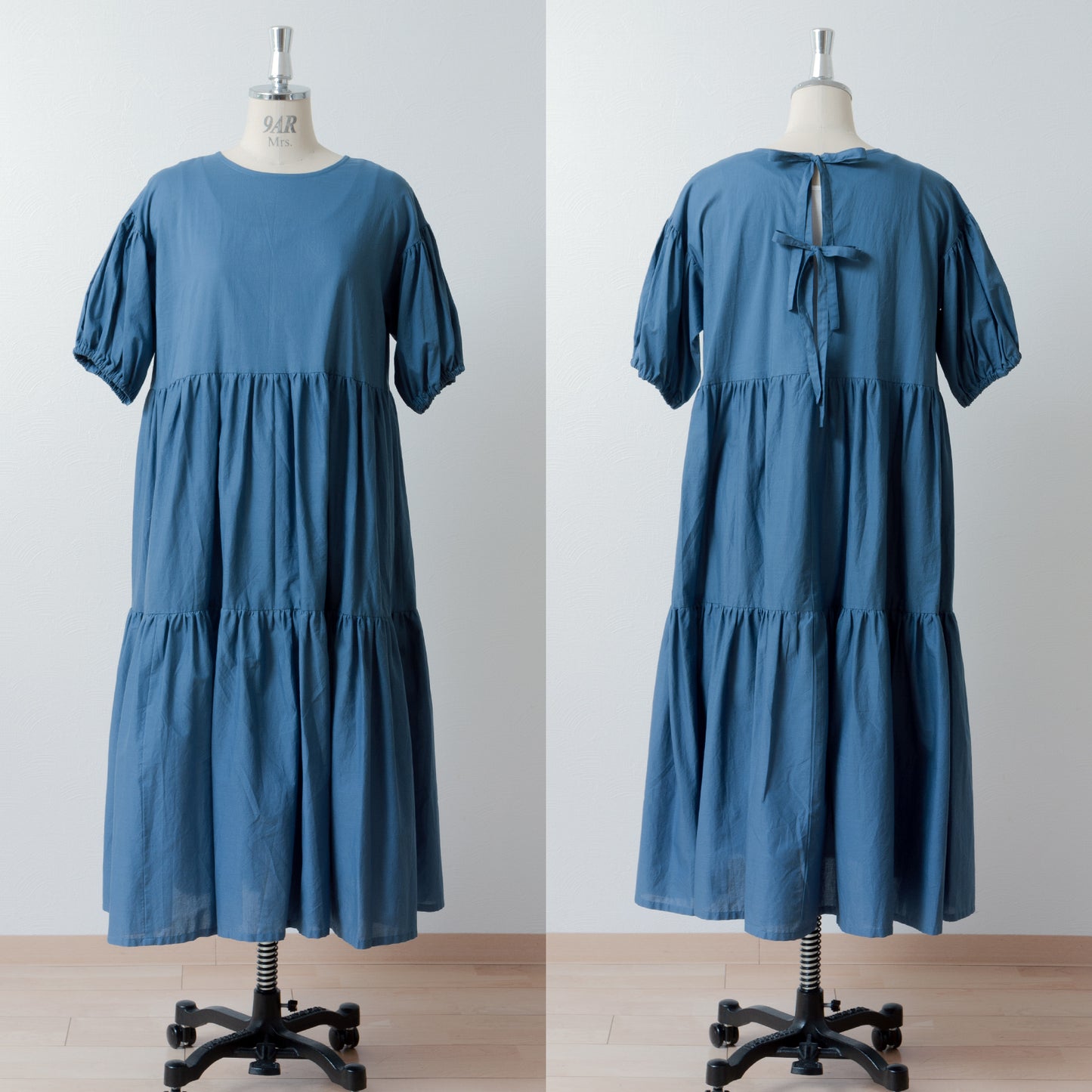 A cute and mature tiered 2-way dress with plenty of gathers and 5/8 sleeves/Blue