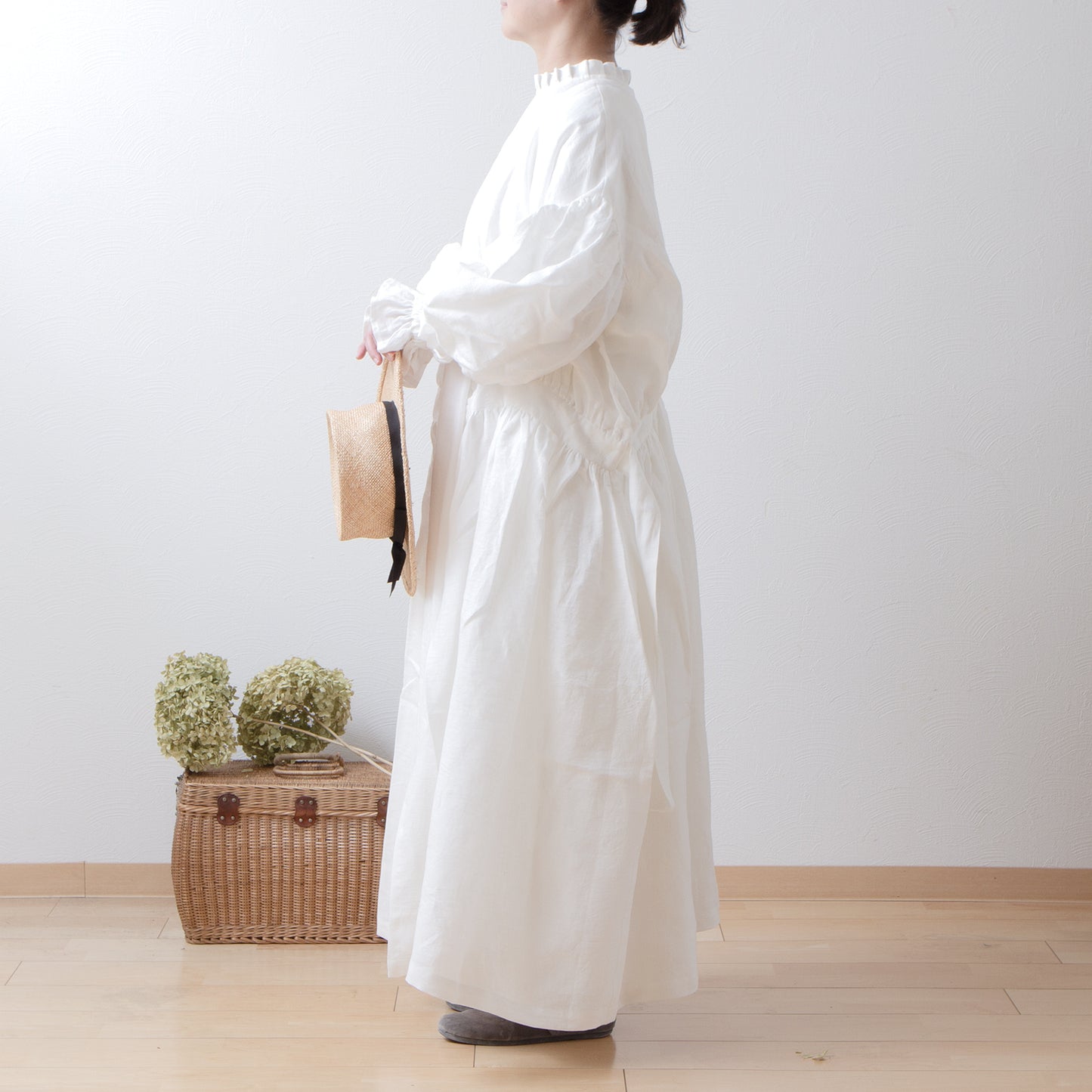 Cache-Coeur 褶皺兩用洋裝 - 法國亞麻/米白色