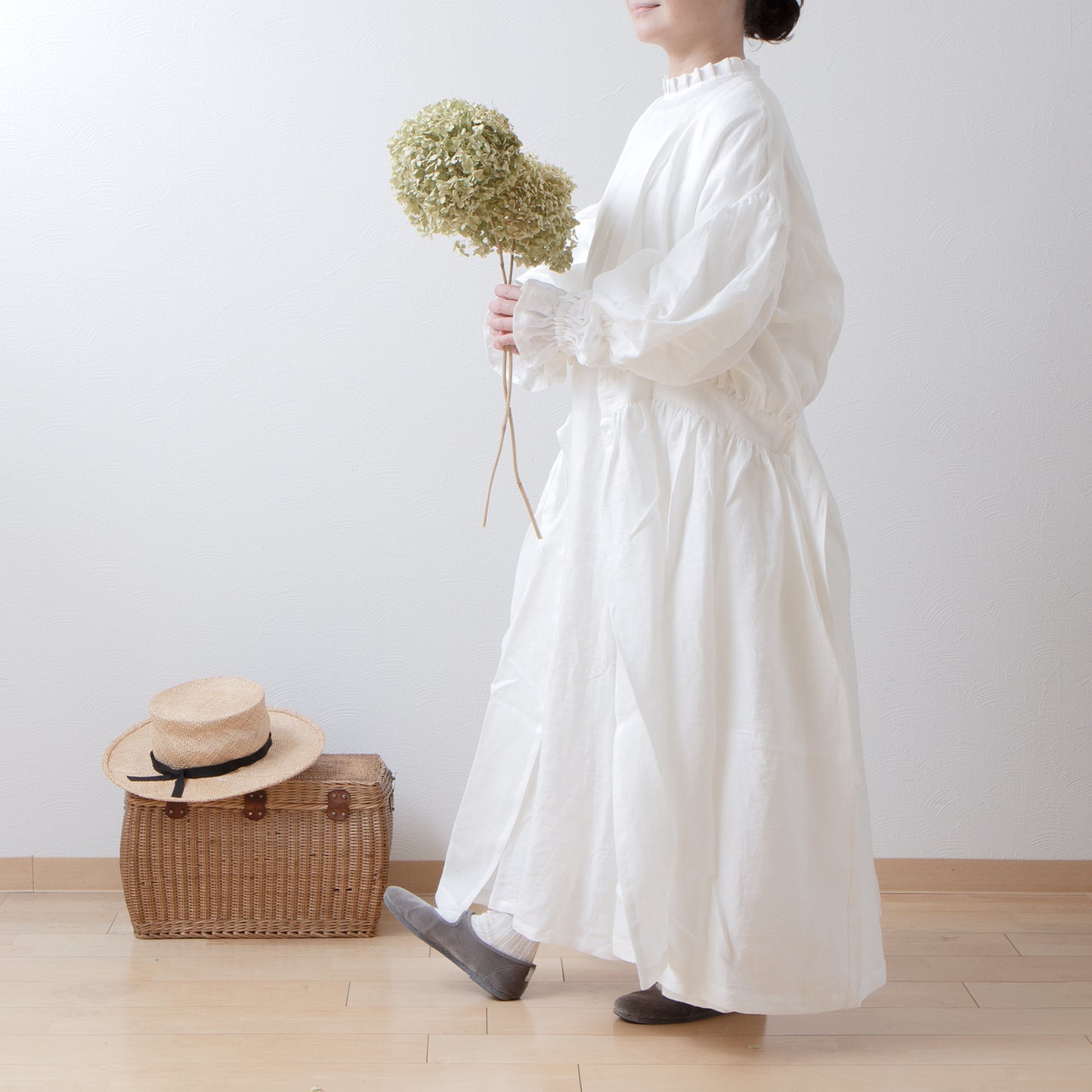 Cache-Coeur 褶皺兩用洋裝 - 法國亞麻/米白色