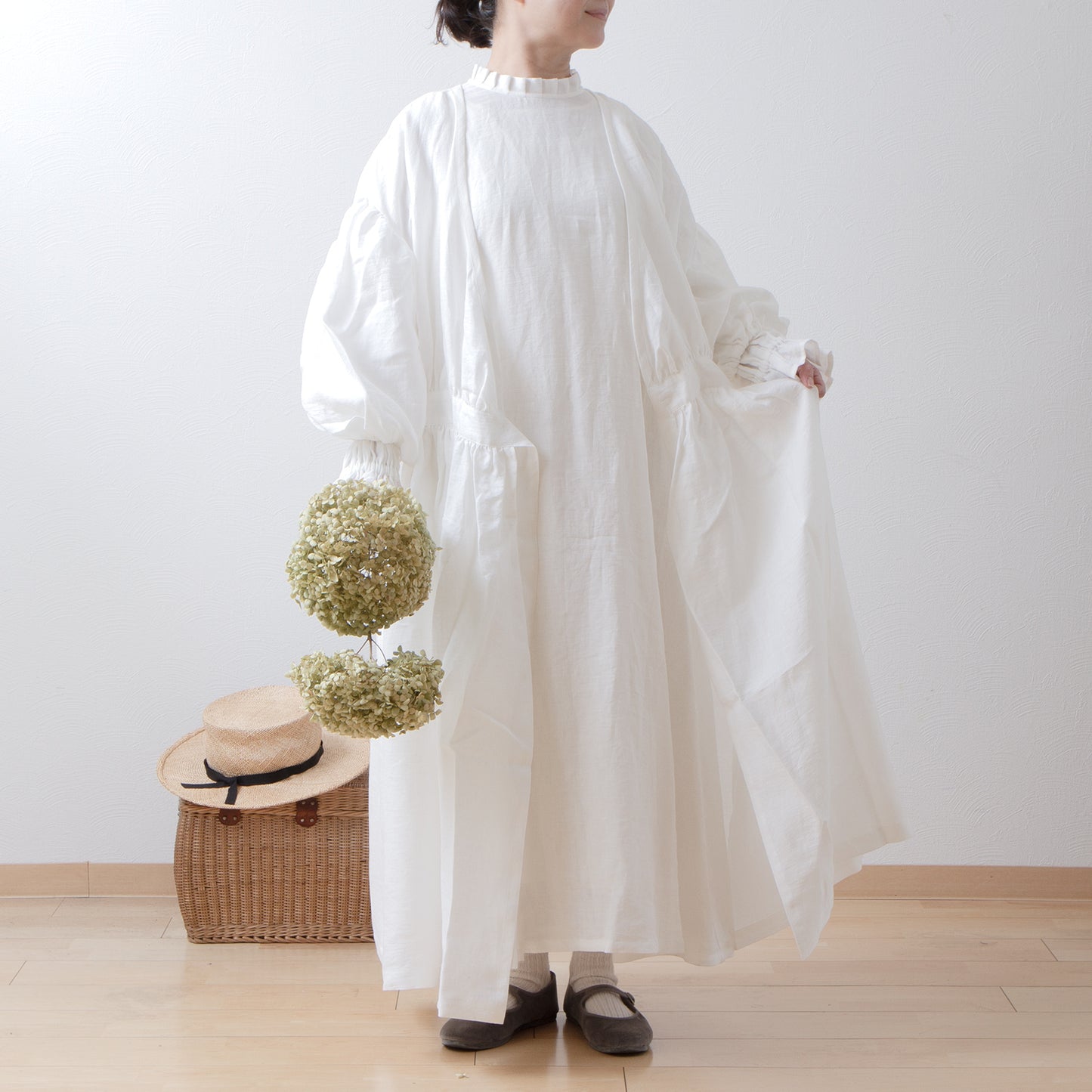 Cache-Coeur 褶皺兩用洋裝 - 法國亞麻/米白色