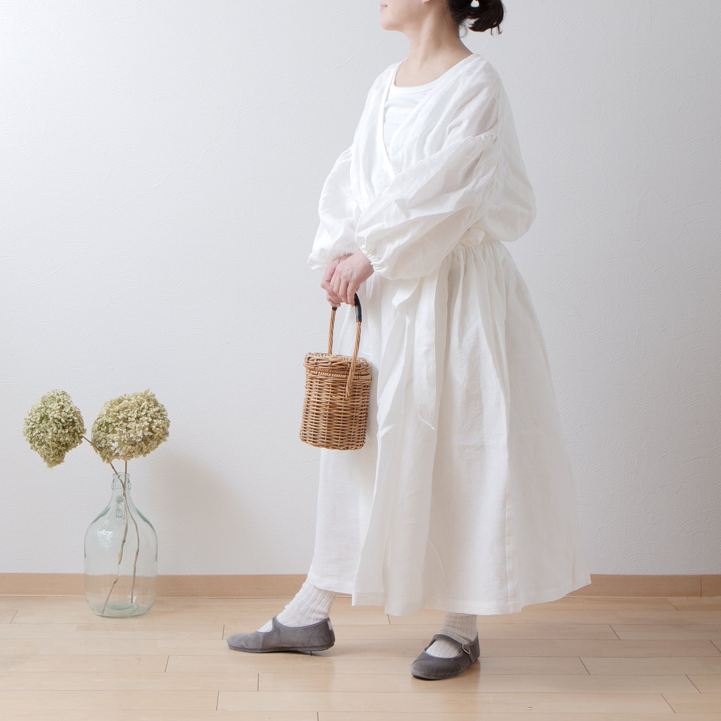 Cache-Coeur 褶皺兩用洋裝 - 法國亞麻/米白色