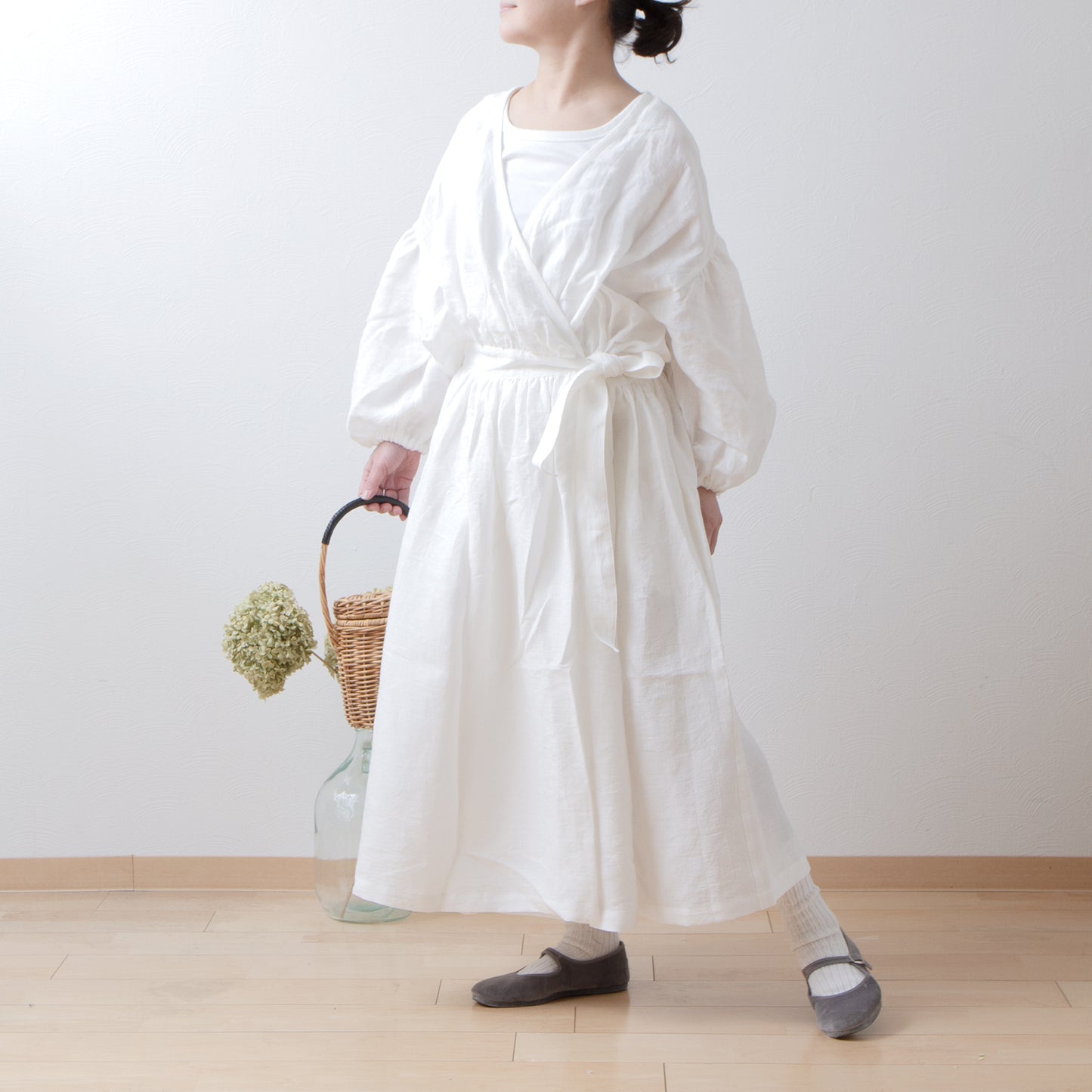 Cache-Coeur 褶皺兩用洋裝 - 法國亞麻/米白色