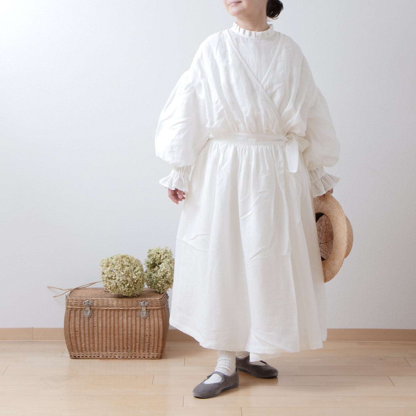 Cache-Coeur 褶皺兩用洋裝 - 法國亞麻/米白色