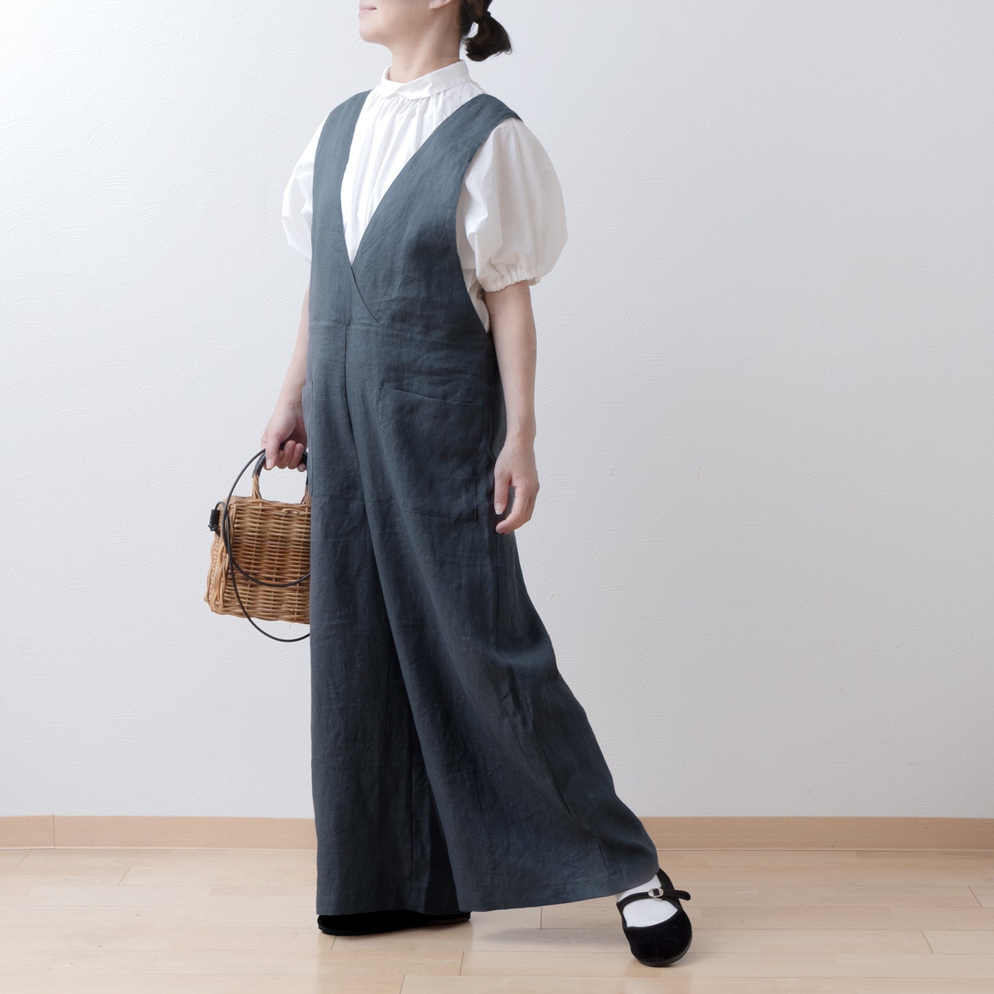 大人のカシュクールサロペットワイドパンツ-リネン/グレー