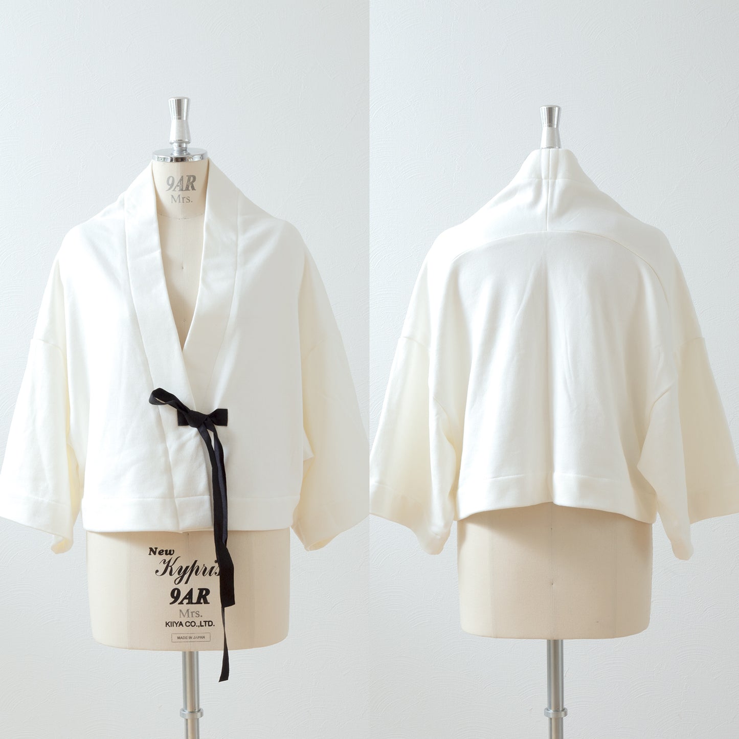 Cotton fleece half shawl cardigan with ribbon tape / ecru