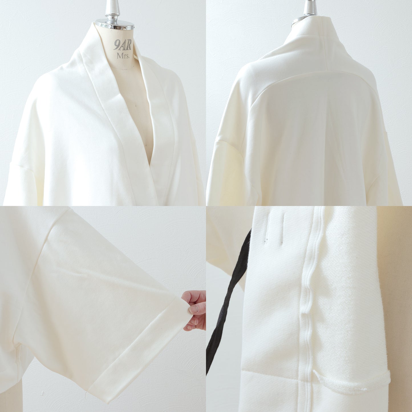 Cotton fleece half shawl cardigan with ribbon tape / ecru
