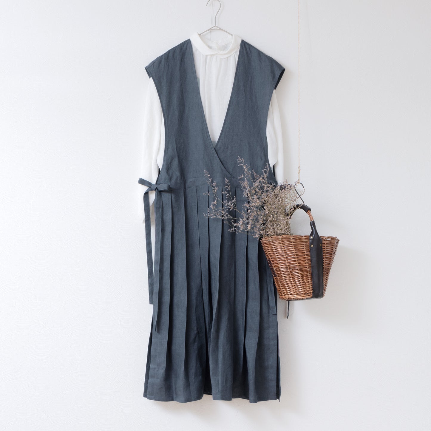 少女圍裙式連身裙 - 法國亞麻/灰色