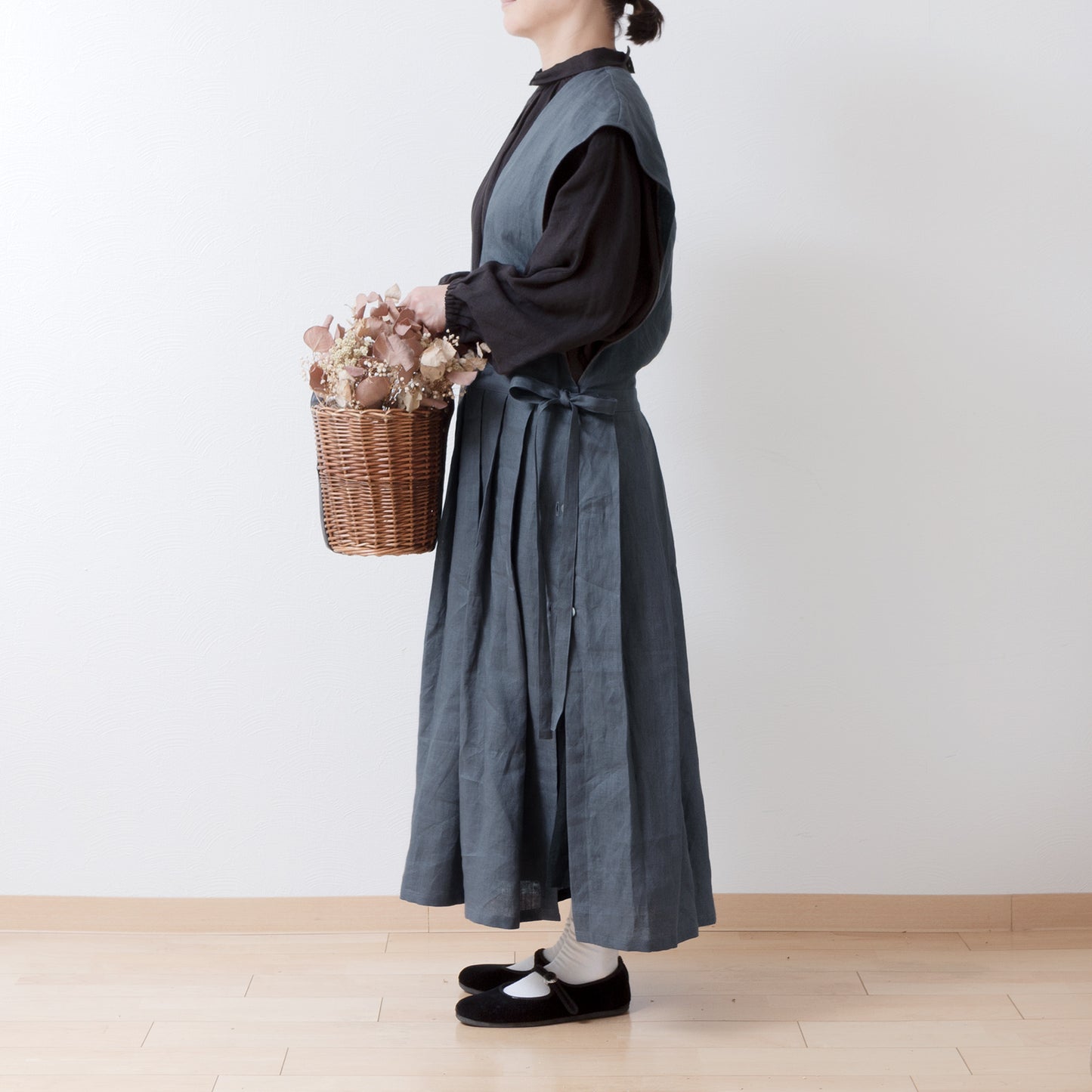少女圍裙式連身裙 - 法國亞麻/灰色