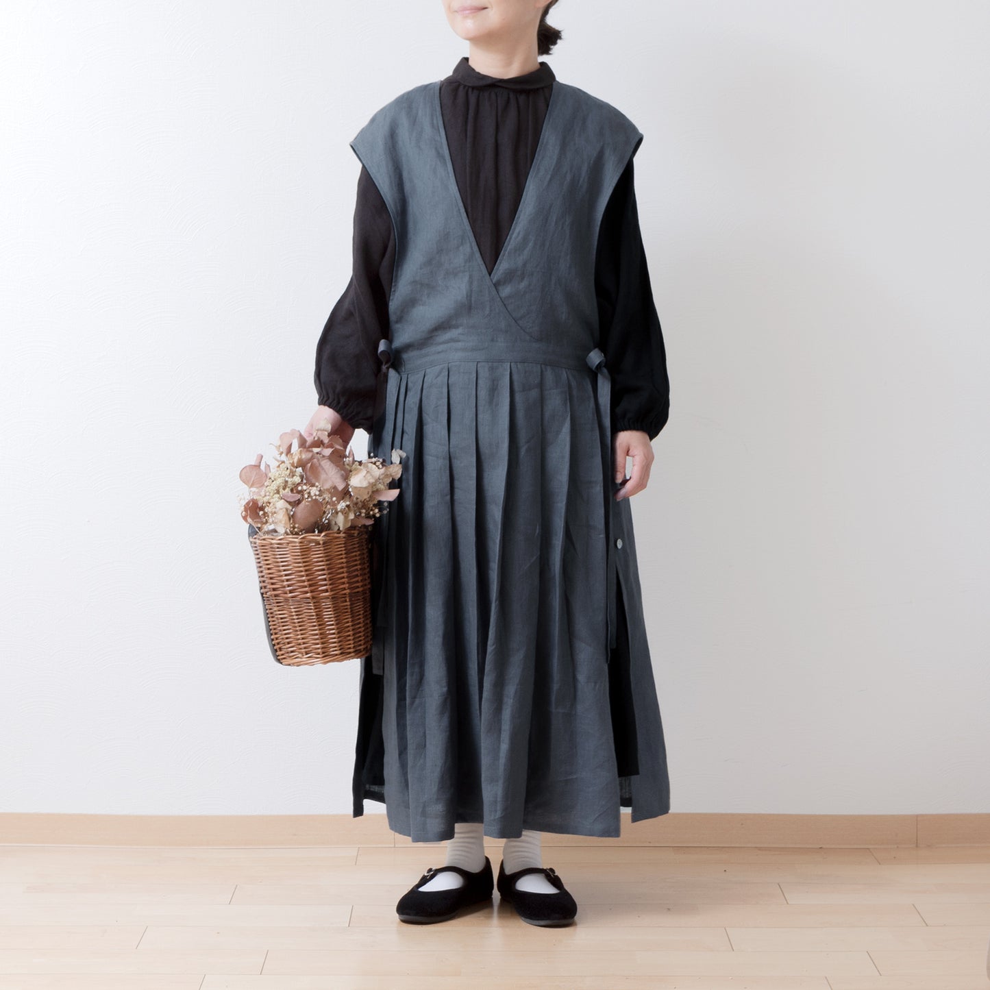 少女圍裙式連身裙 - 法國亞麻/灰色
