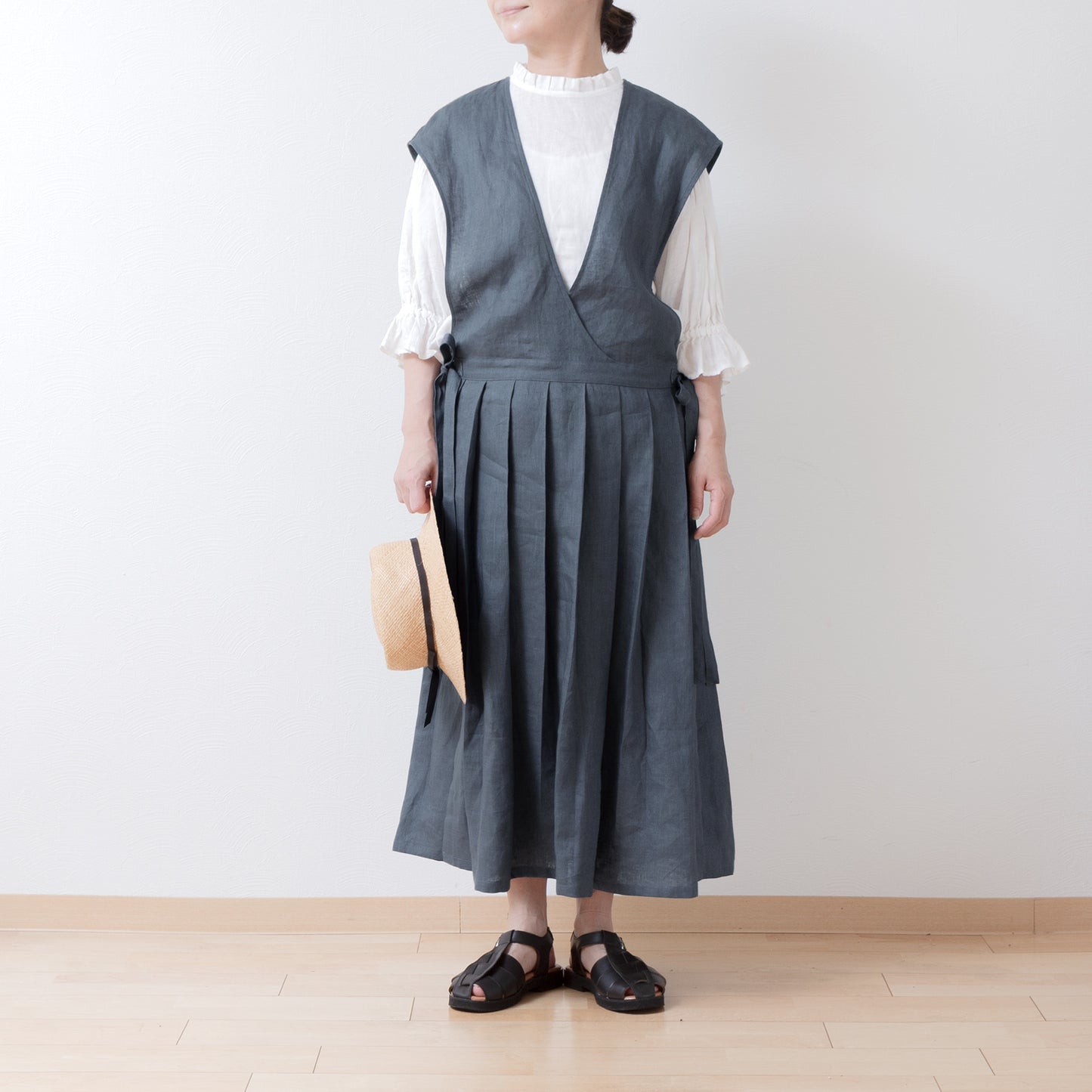 少女圍裙式連身裙 - 法國亞麻/灰色