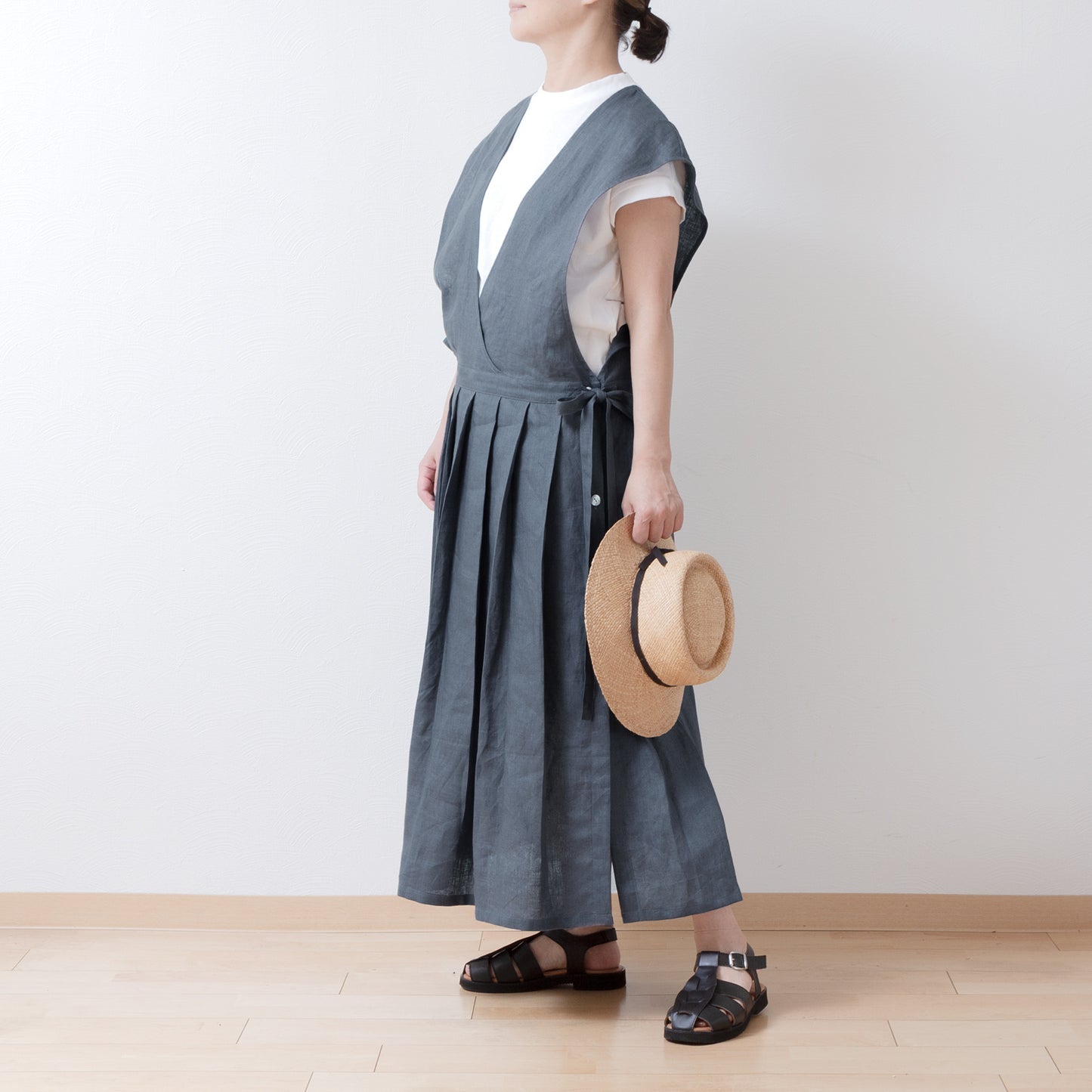 少女圍裙式連身裙 - 法國亞麻/灰色