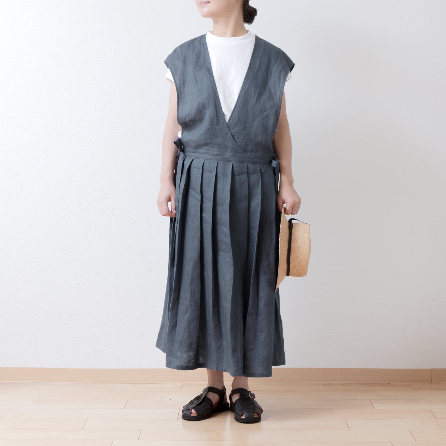 少女圍裙式連身裙 - 法國亞麻/灰色