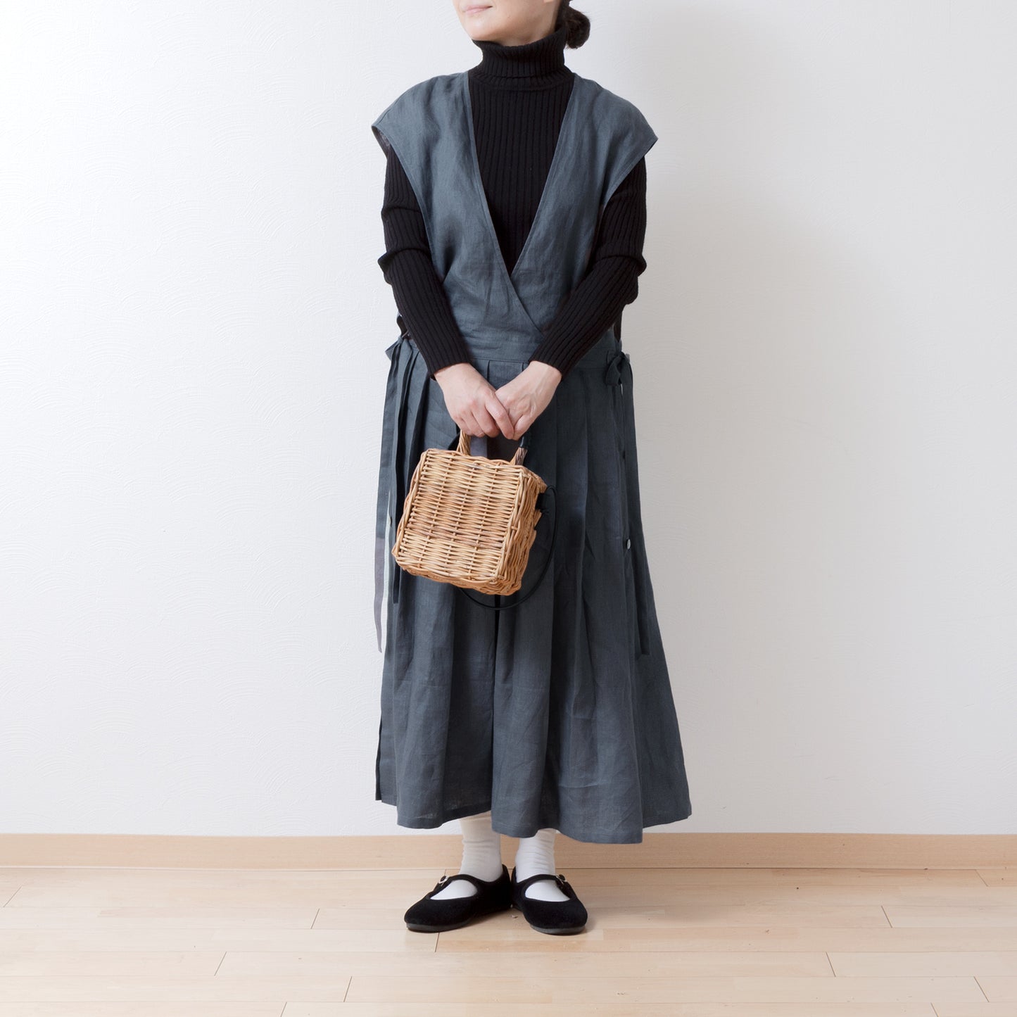 少女圍裙式連身裙 - 法國亞麻/灰色
