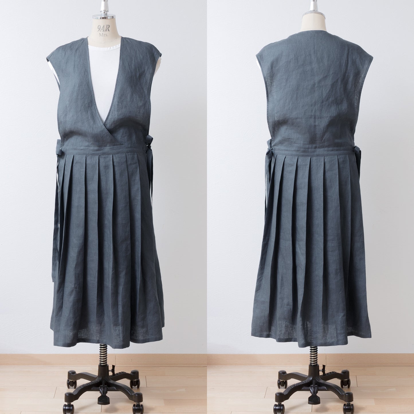 少女圍裙式連身裙 - 法國亞麻/灰色