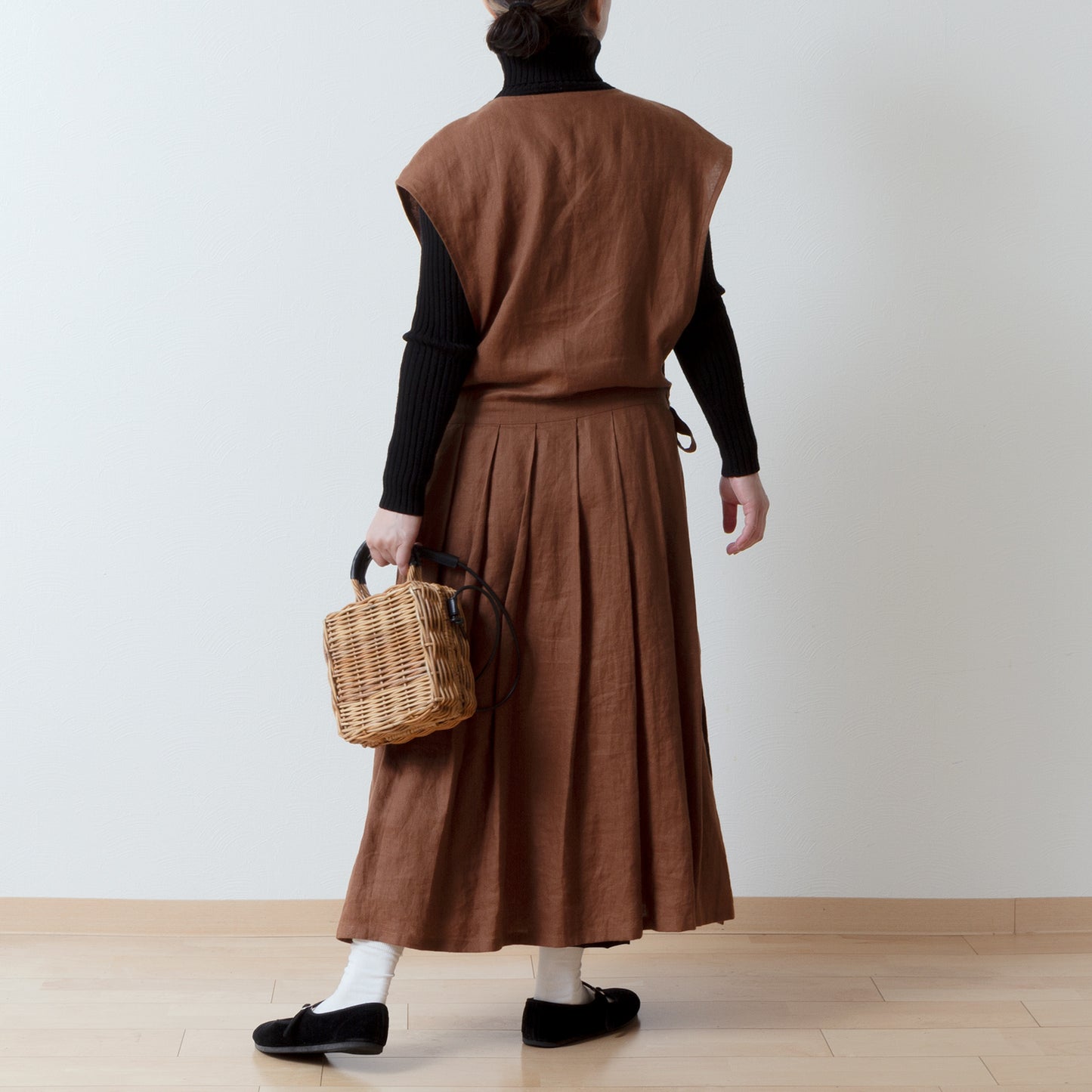 精緻的少女側開圍裙式連身裙 - 法國亞麻/磚棕色