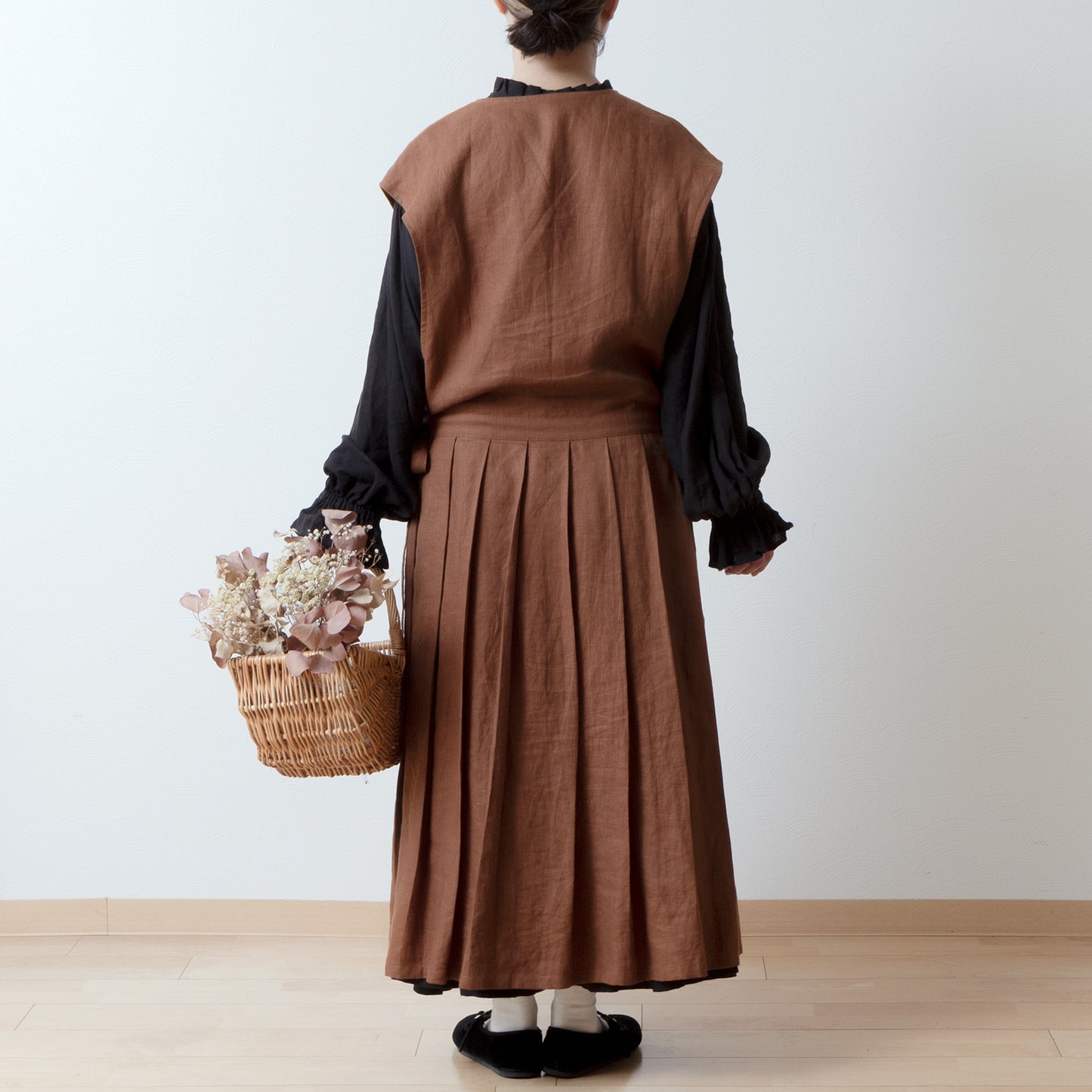 精緻的少女側開圍裙式連身裙 - 法國亞麻/磚棕色