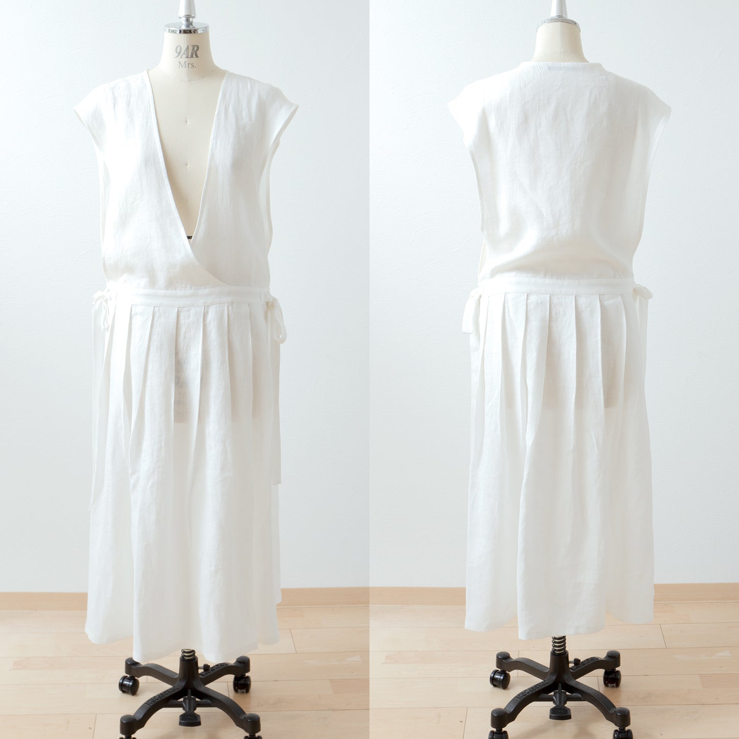 精緻而充滿少女氣息的圍裙式連身裙 - 法國亞麻/米白色