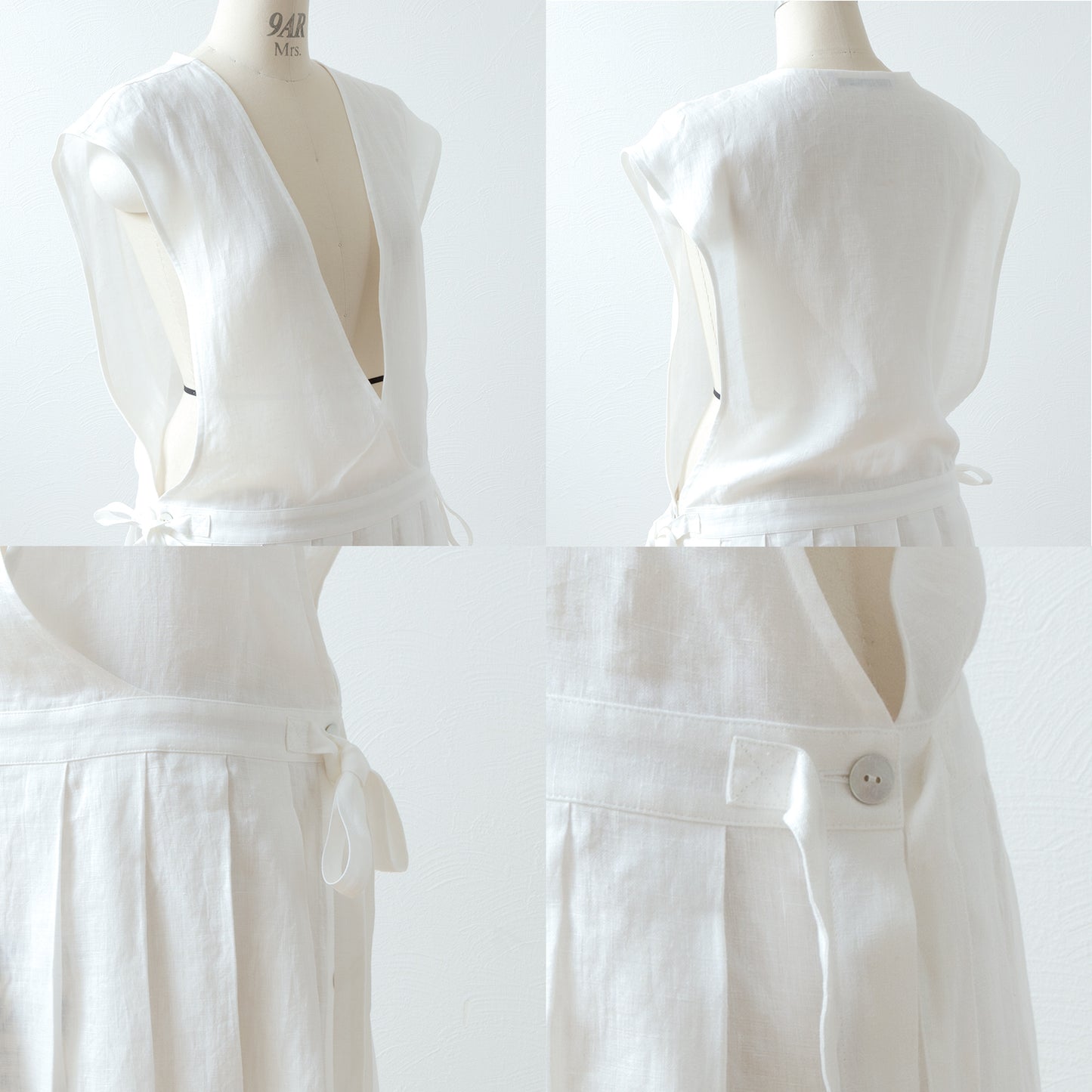 精緻而充滿少女氣息的圍裙式連身裙 - 法國亞麻/米白色