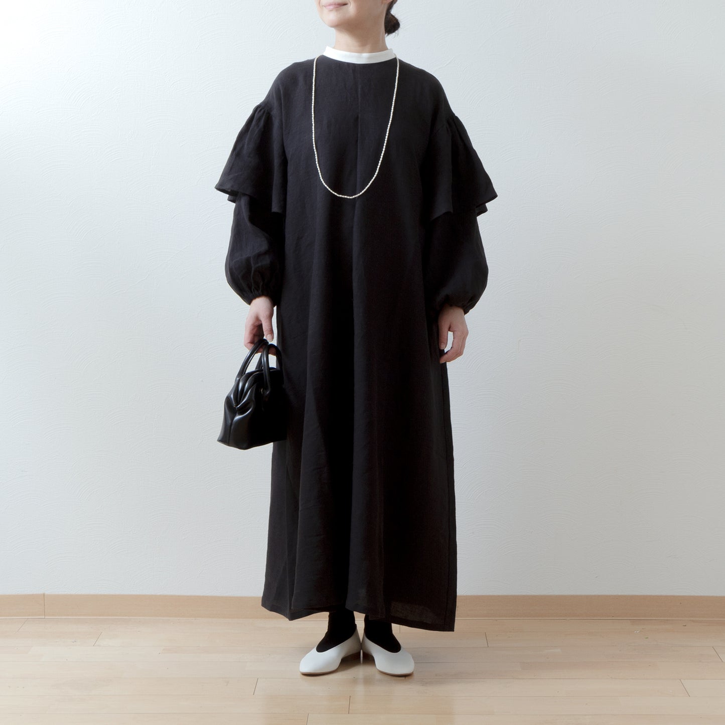 雙袖A字亞麻連身裙/黑色