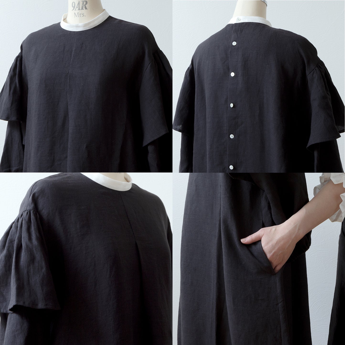 雙袖A字亞麻連身裙/黑色