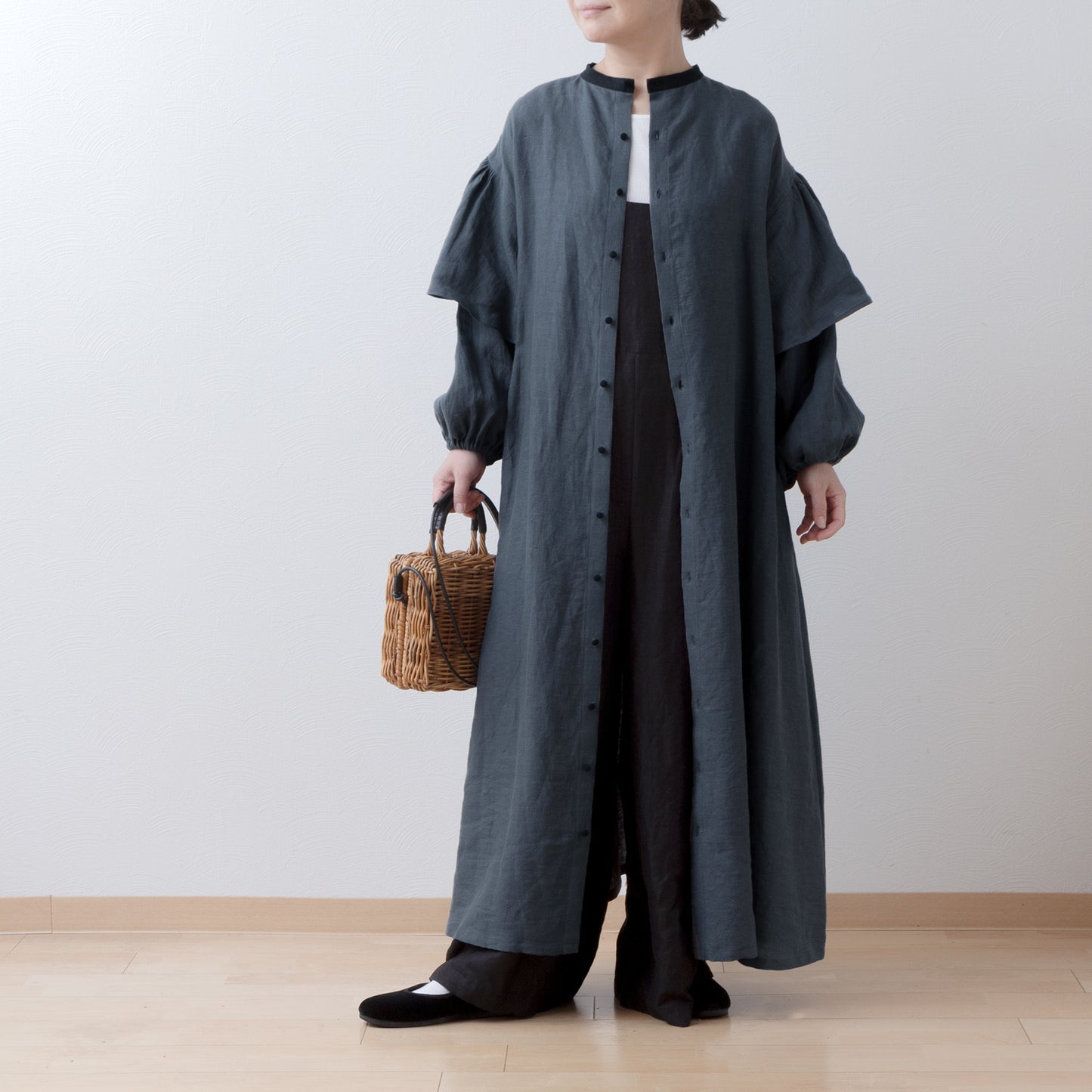 雙袖A字亞麻連身裙/灰色