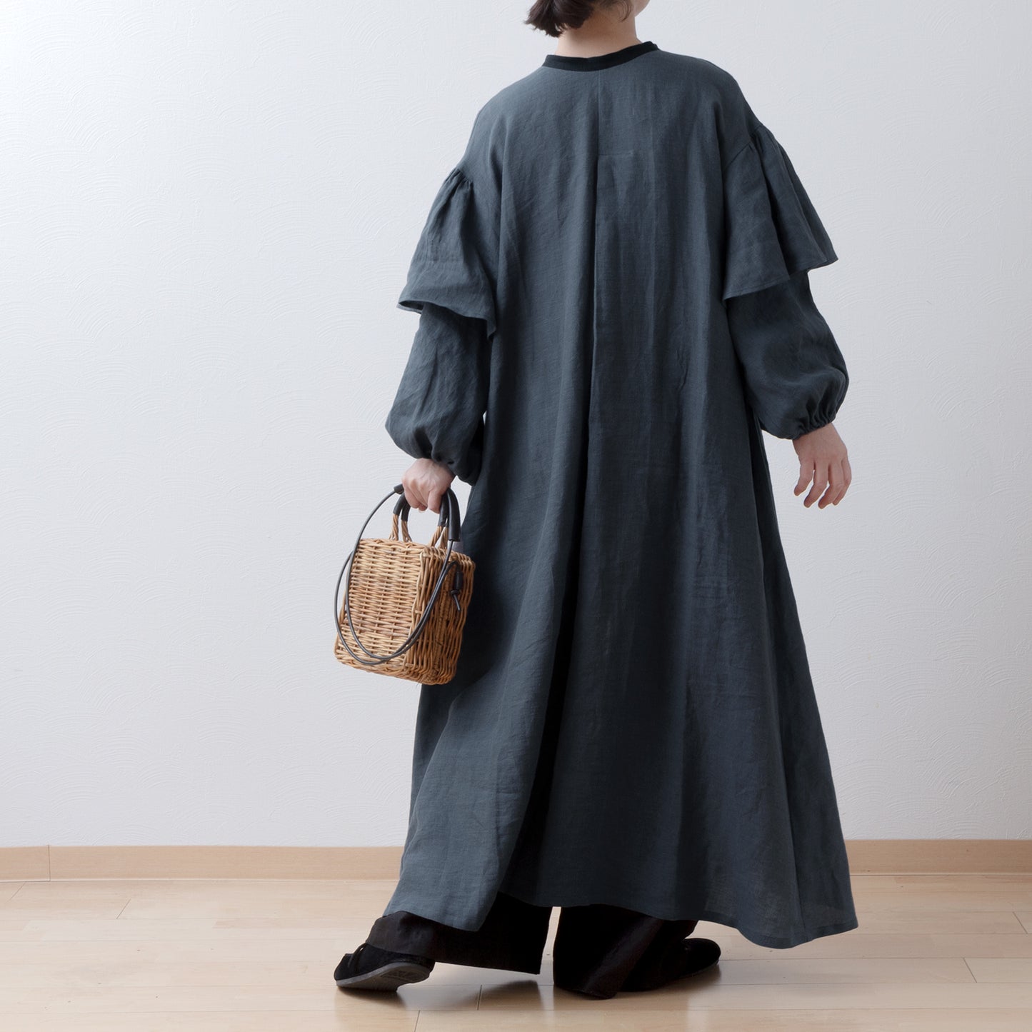 雙袖A字亞麻連身裙/灰色