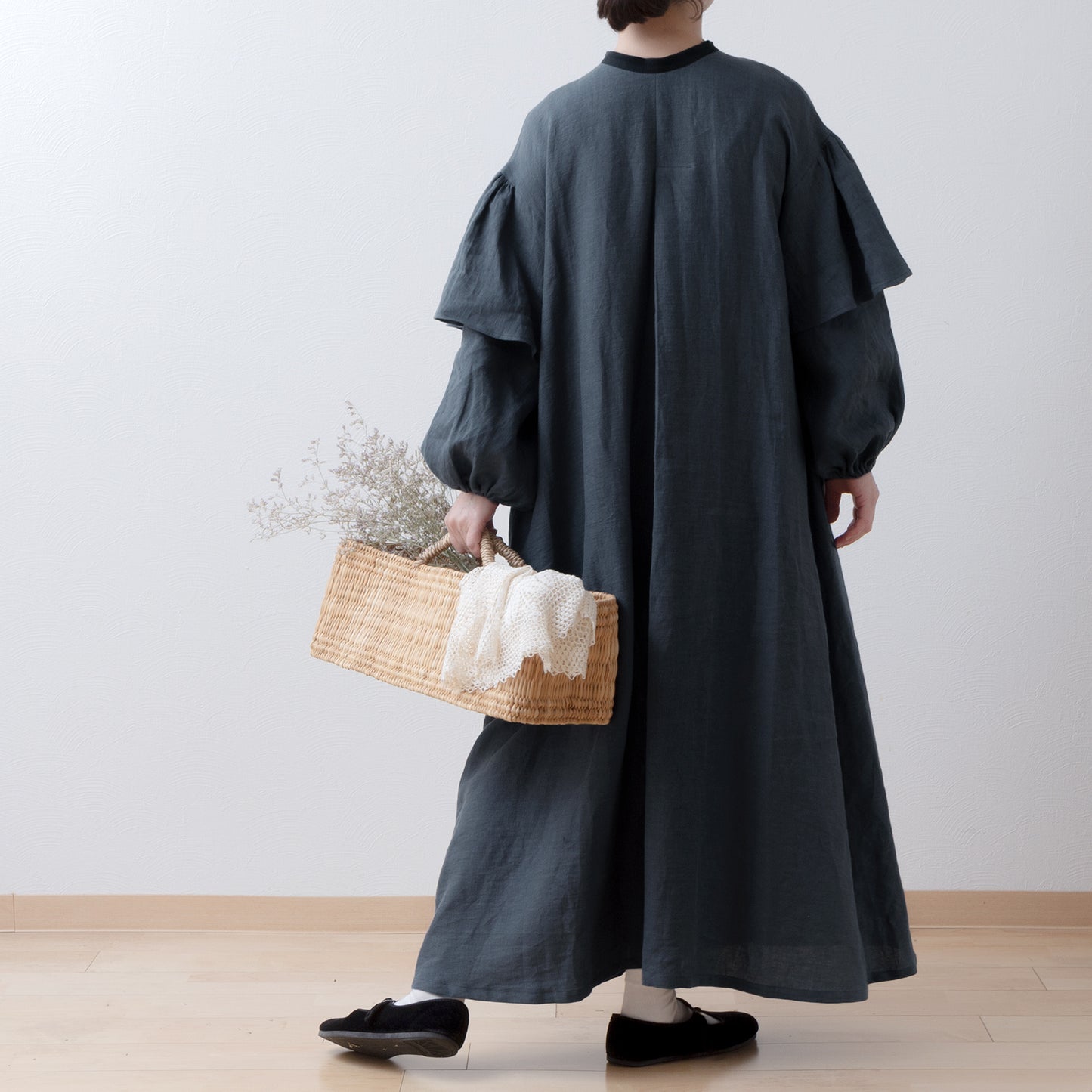 雙袖A字亞麻連身裙/灰色