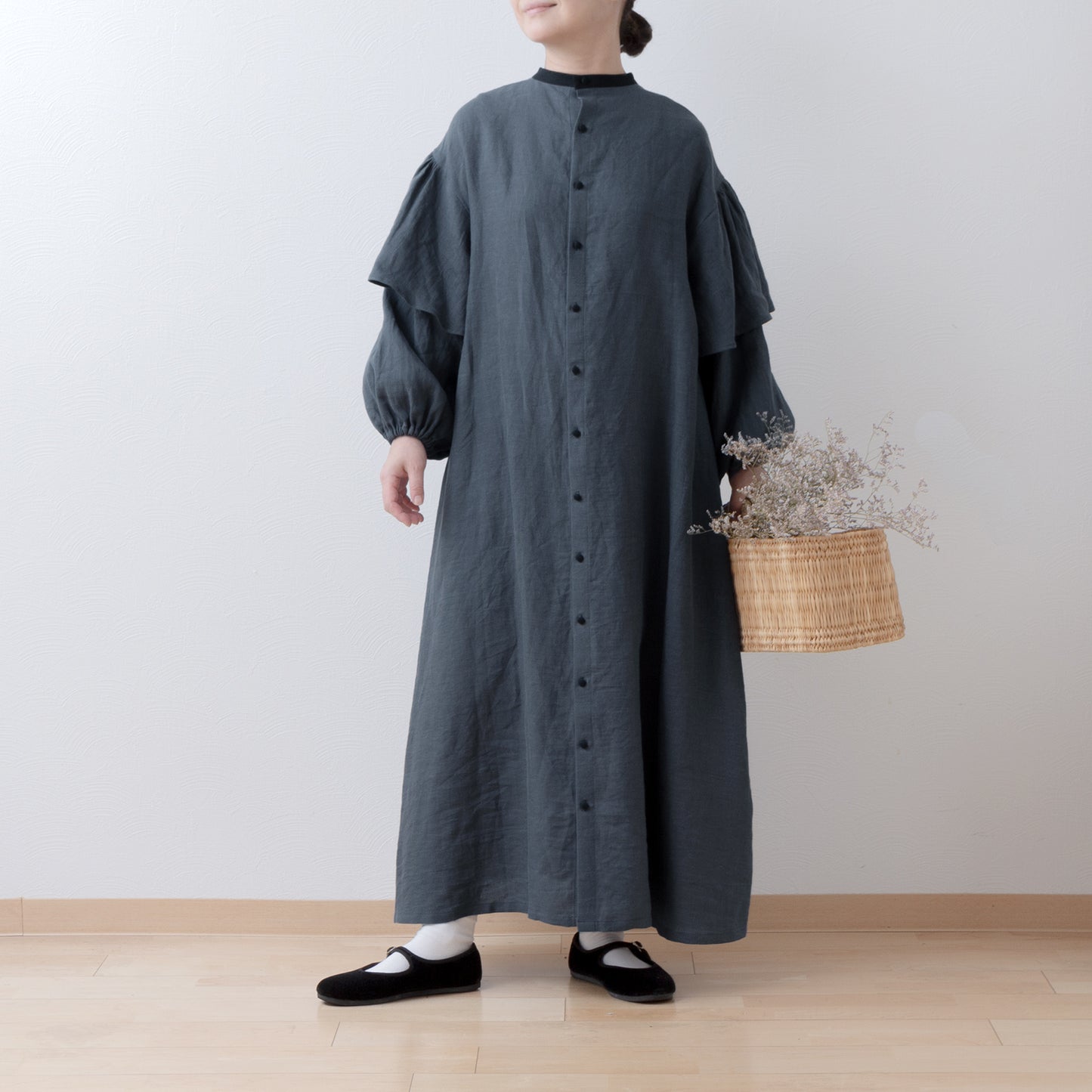 雙袖A字亞麻連身裙/灰色