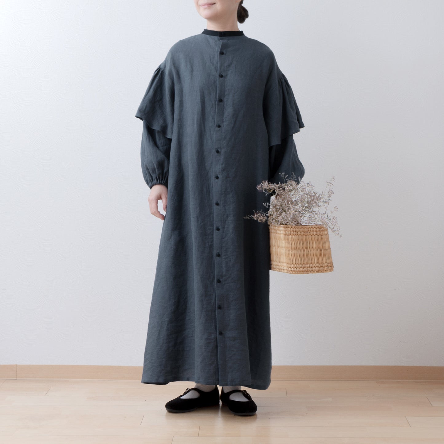 雙袖A字亞麻連身裙/灰色