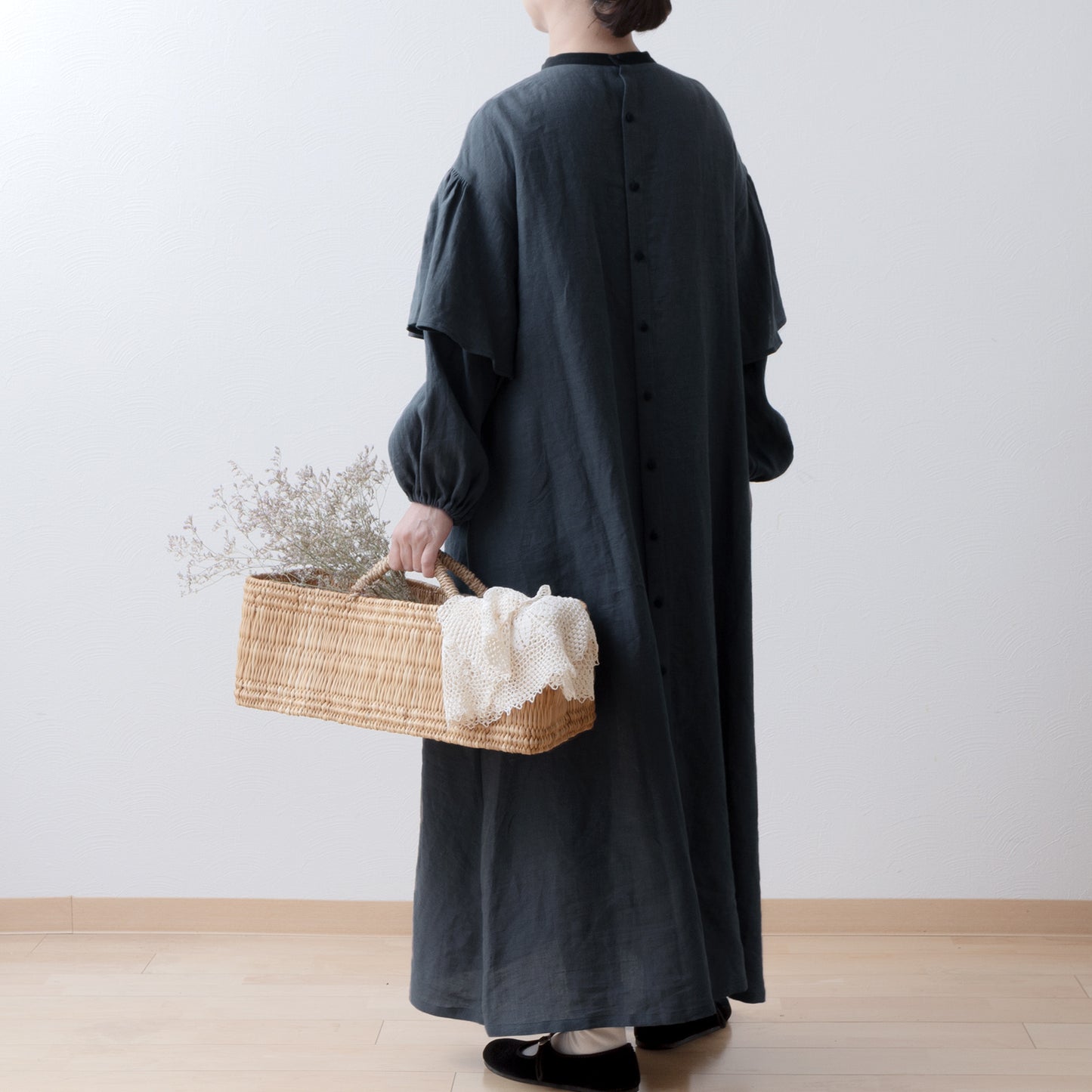 雙袖A字亞麻連身裙/灰色