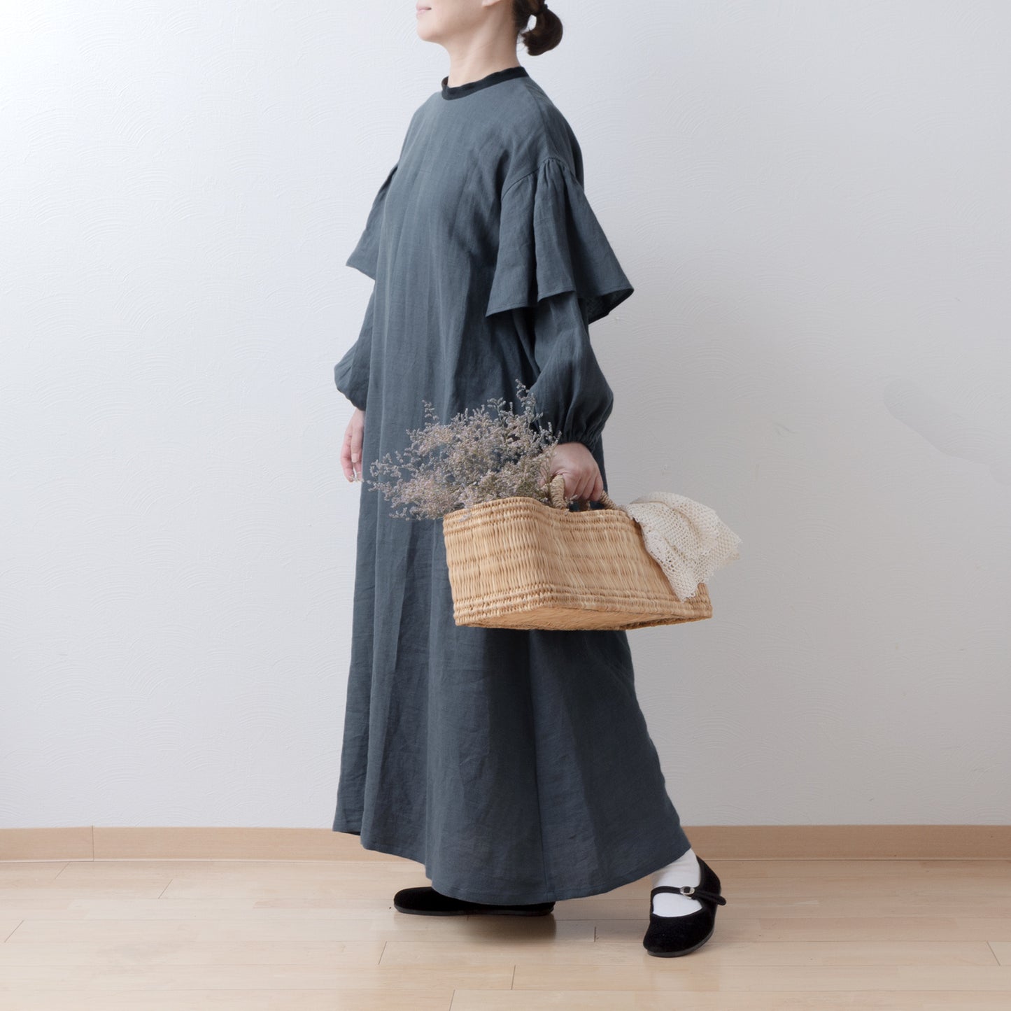 雙袖A字亞麻連身裙/灰色