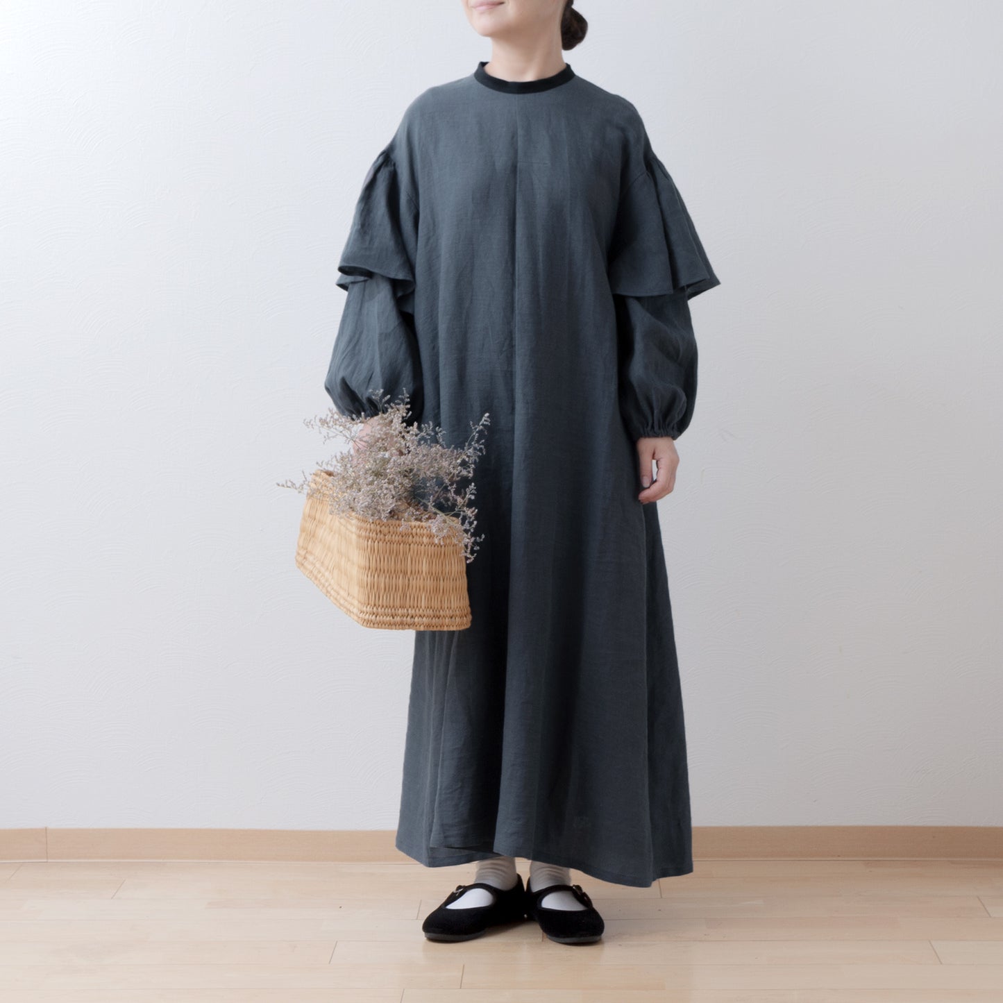 雙袖A字亞麻連身裙/灰色