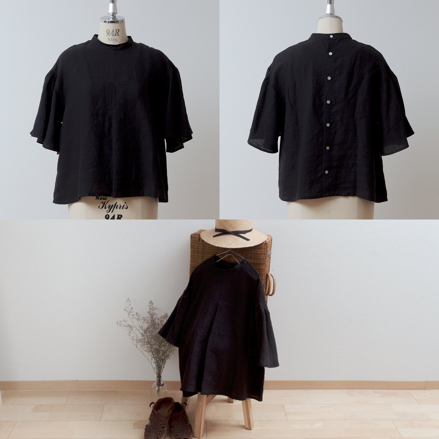 Flared half sleeve linen blouse/black