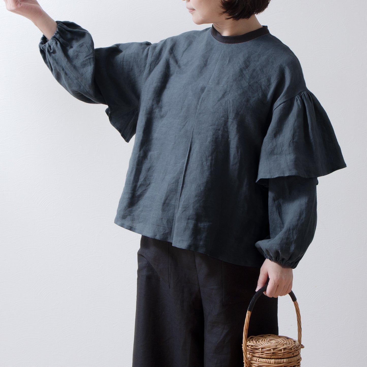 Double sleeve linen blouse/gray
