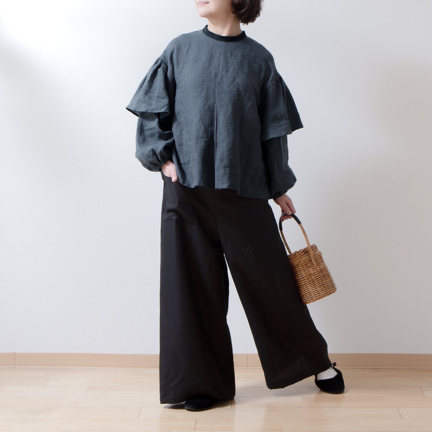 Double sleeve linen blouse/gray
