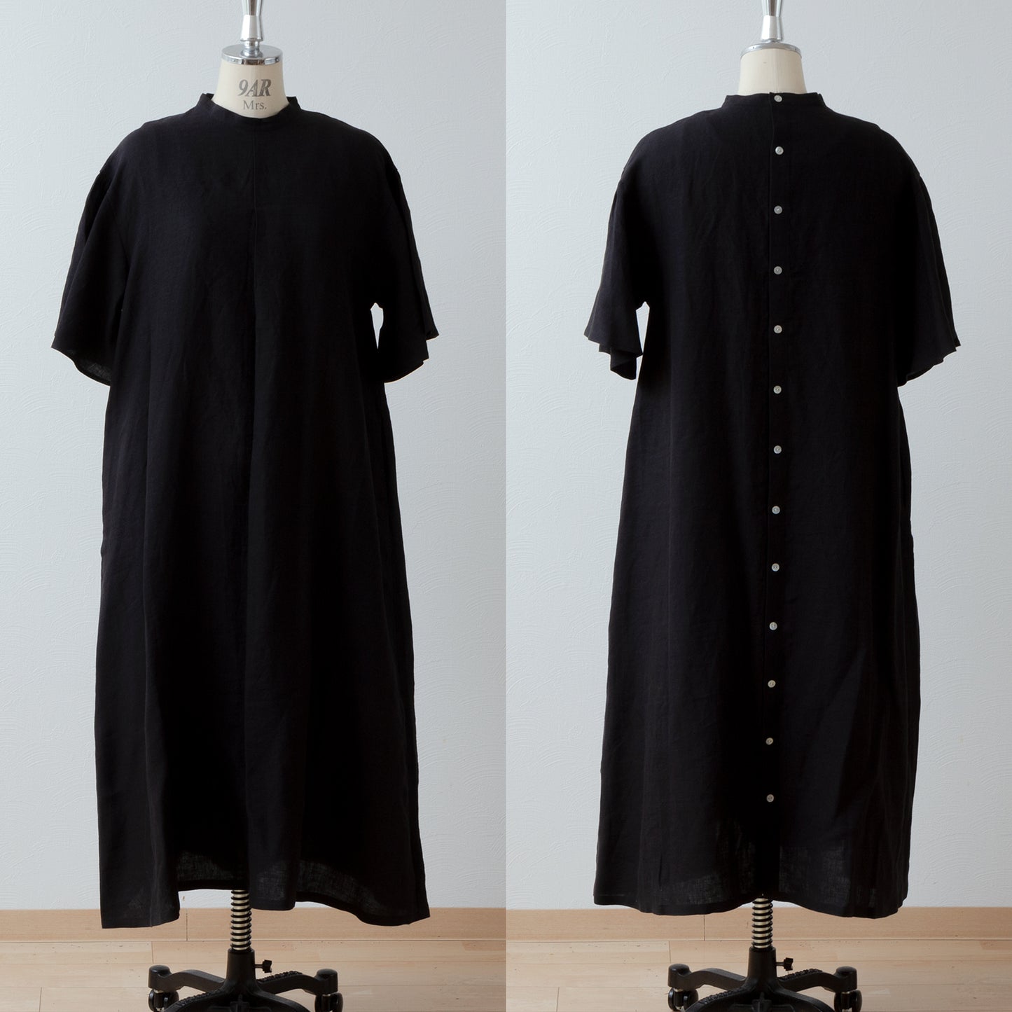 Flared half sleeve A-line linen dress/black