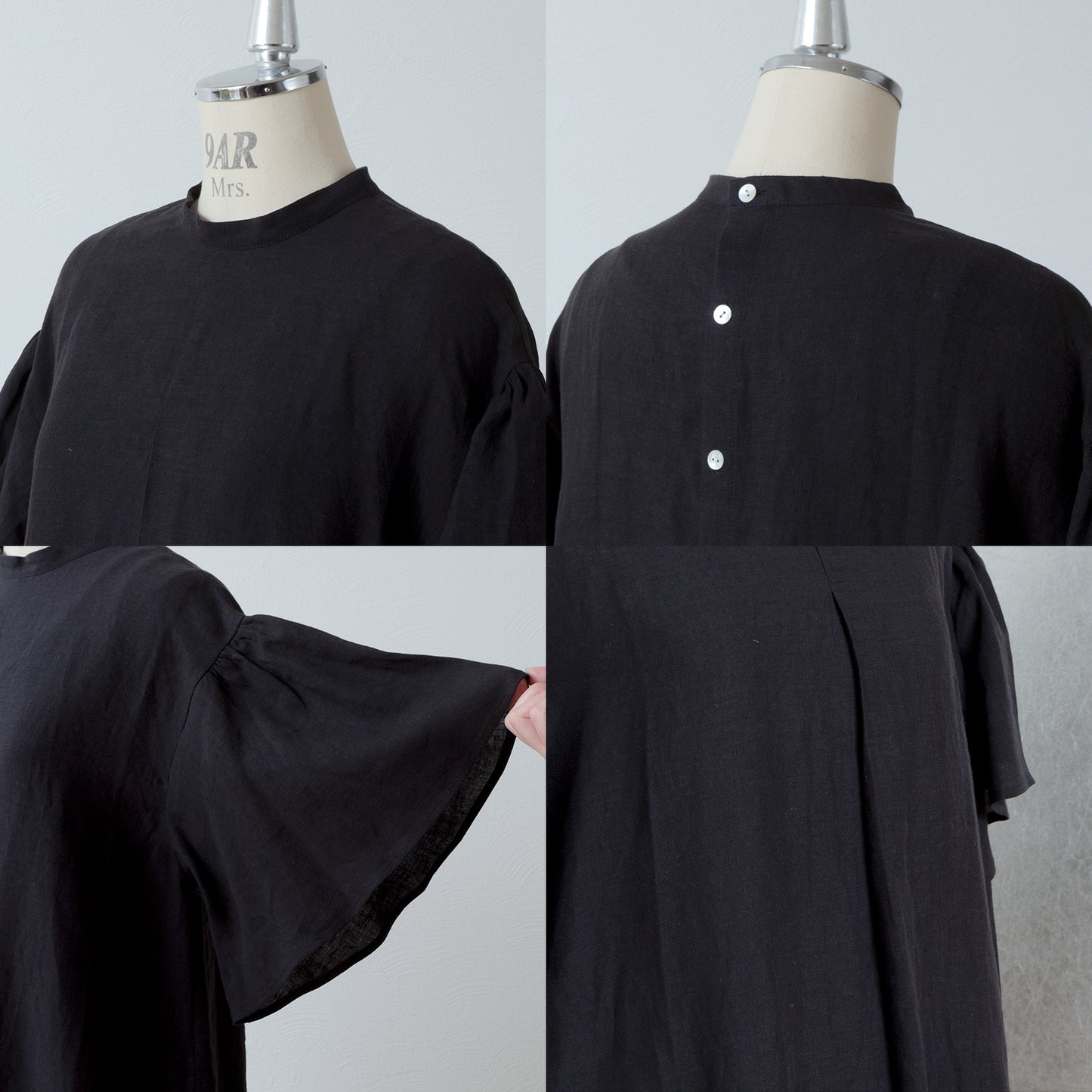 Flared half sleeve A-line linen dress/black