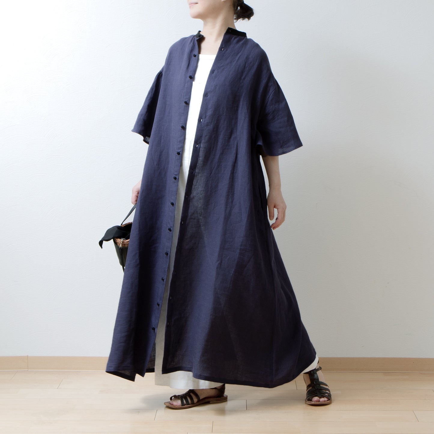 Flared half sleeve A-line linen dress/purple navy