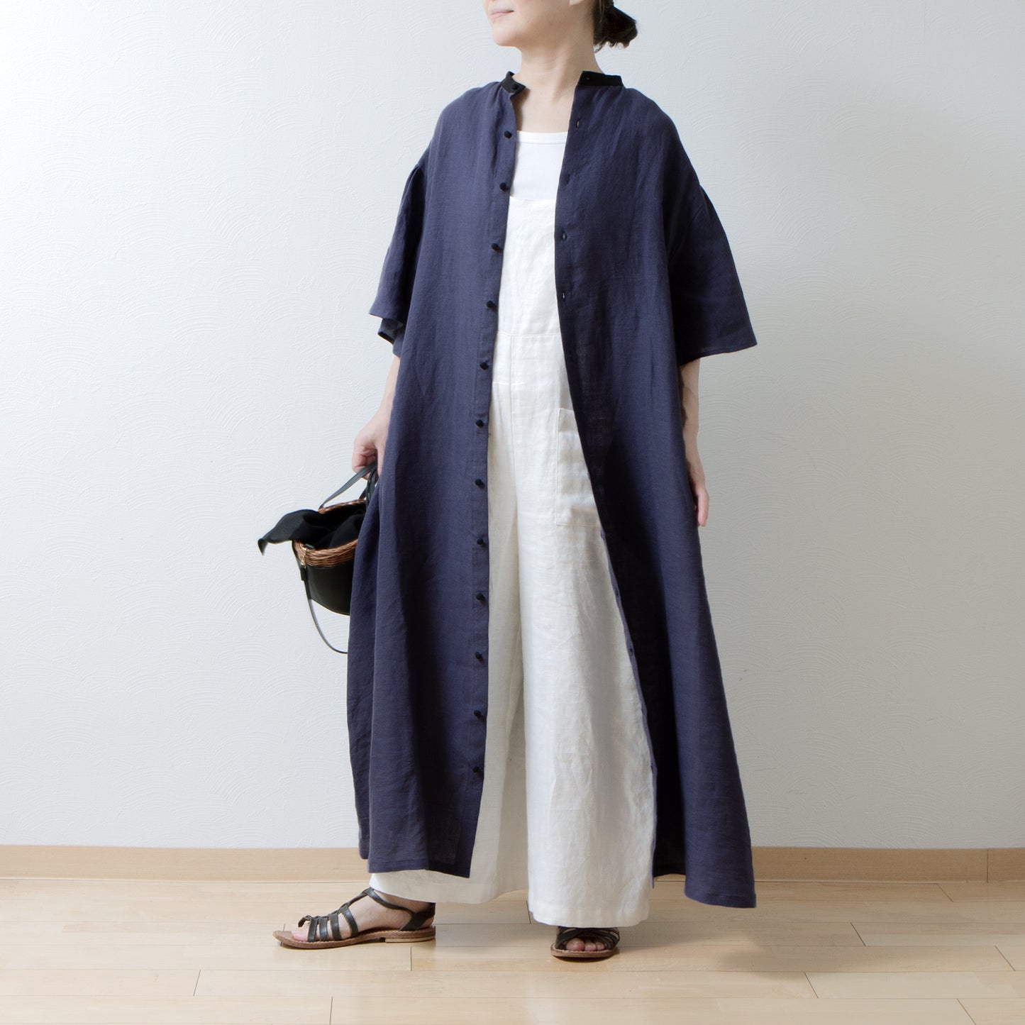 Flared half sleeve A-line linen dress/purple navy