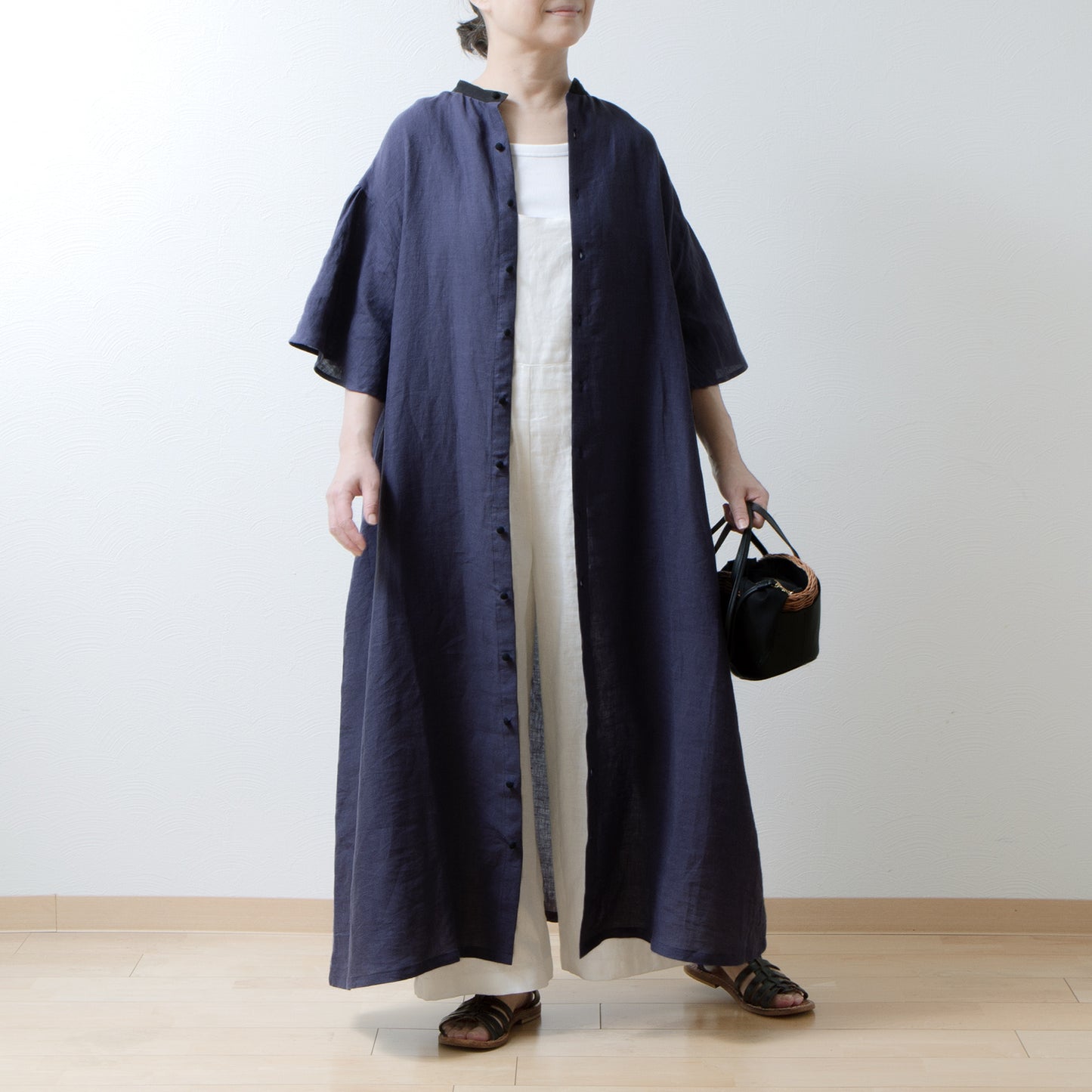 Flared half sleeve A-line linen dress/purple navy