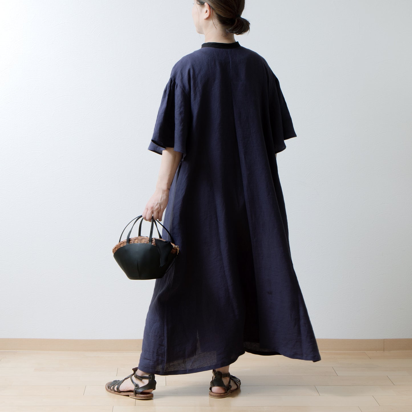 Flared half sleeve A-line linen dress/purple navy