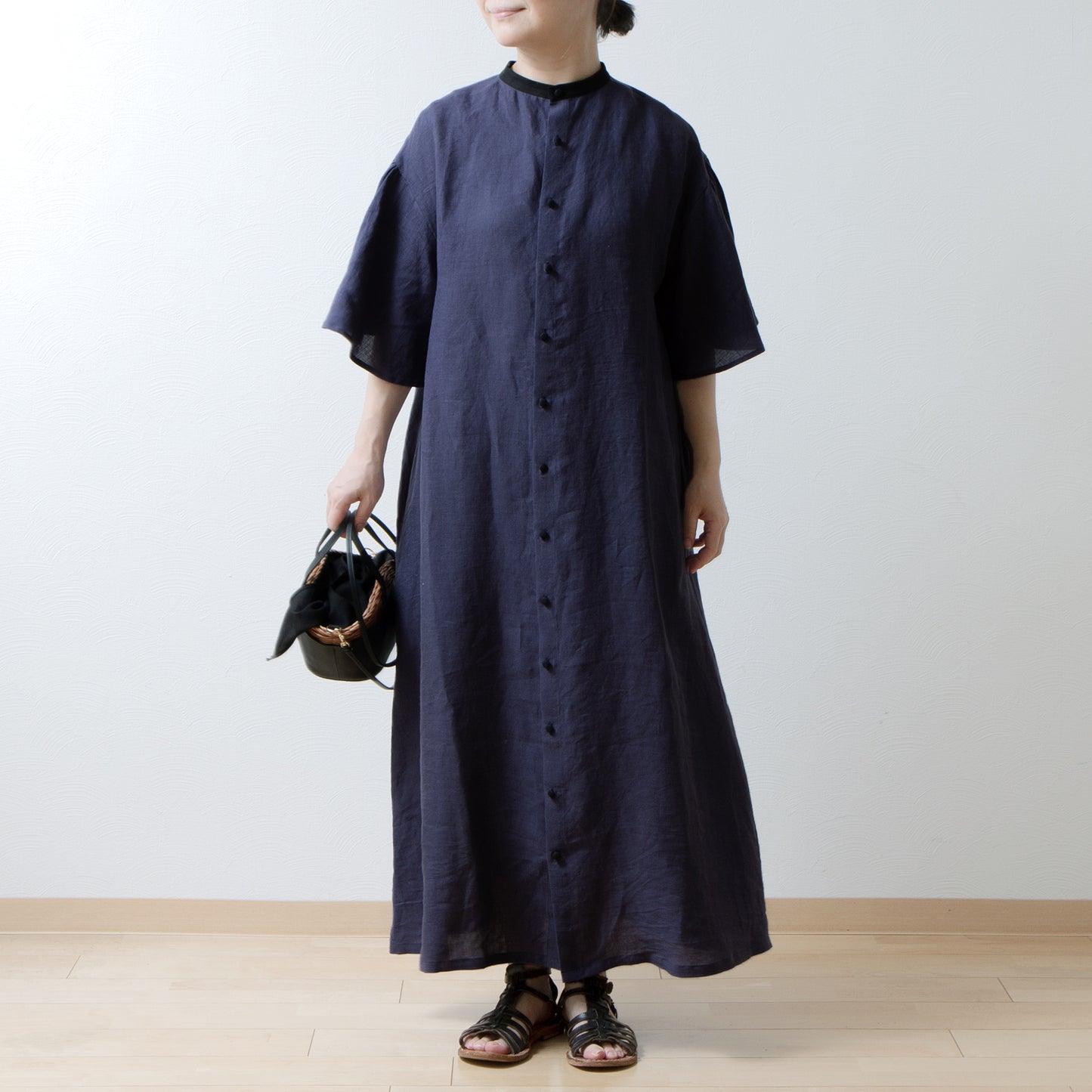 Flared half sleeve A-line linen dress/purple navy