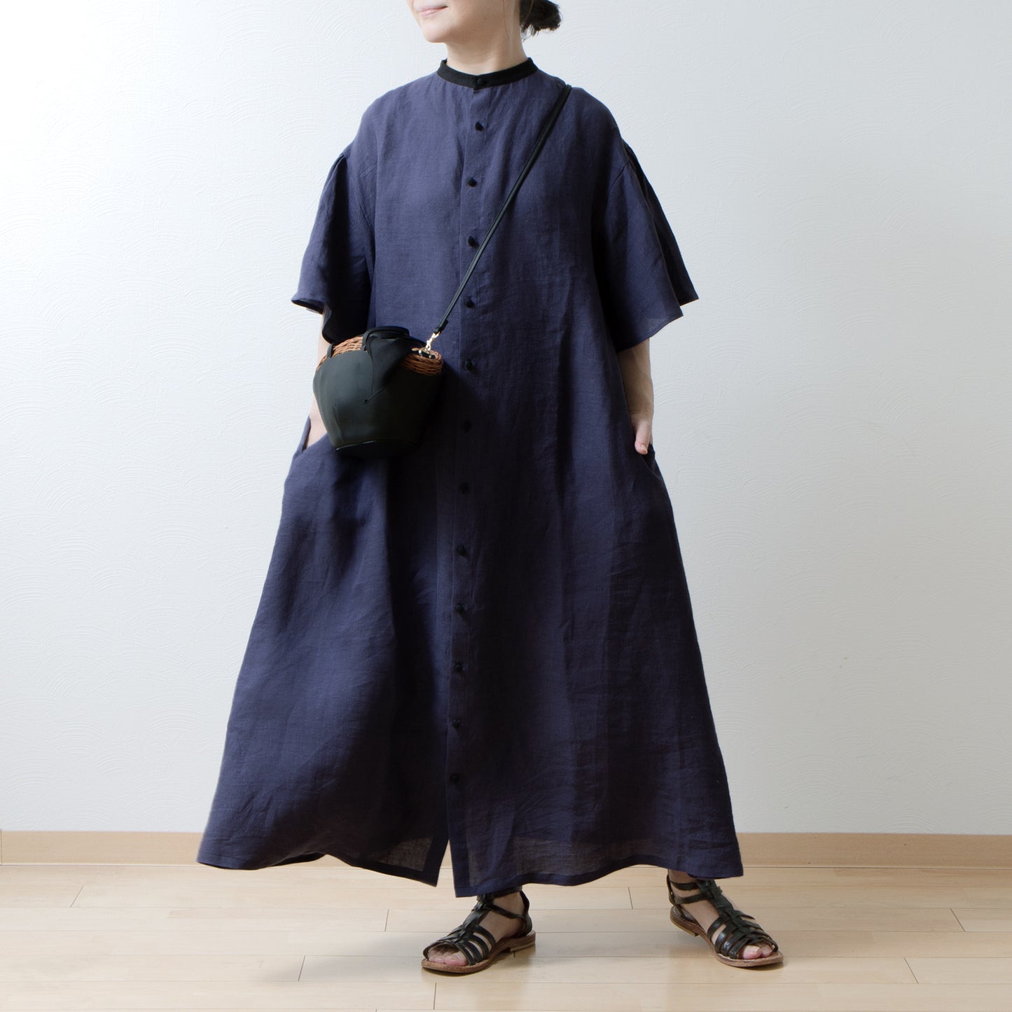 Flared half sleeve A-line linen dress/purple navy