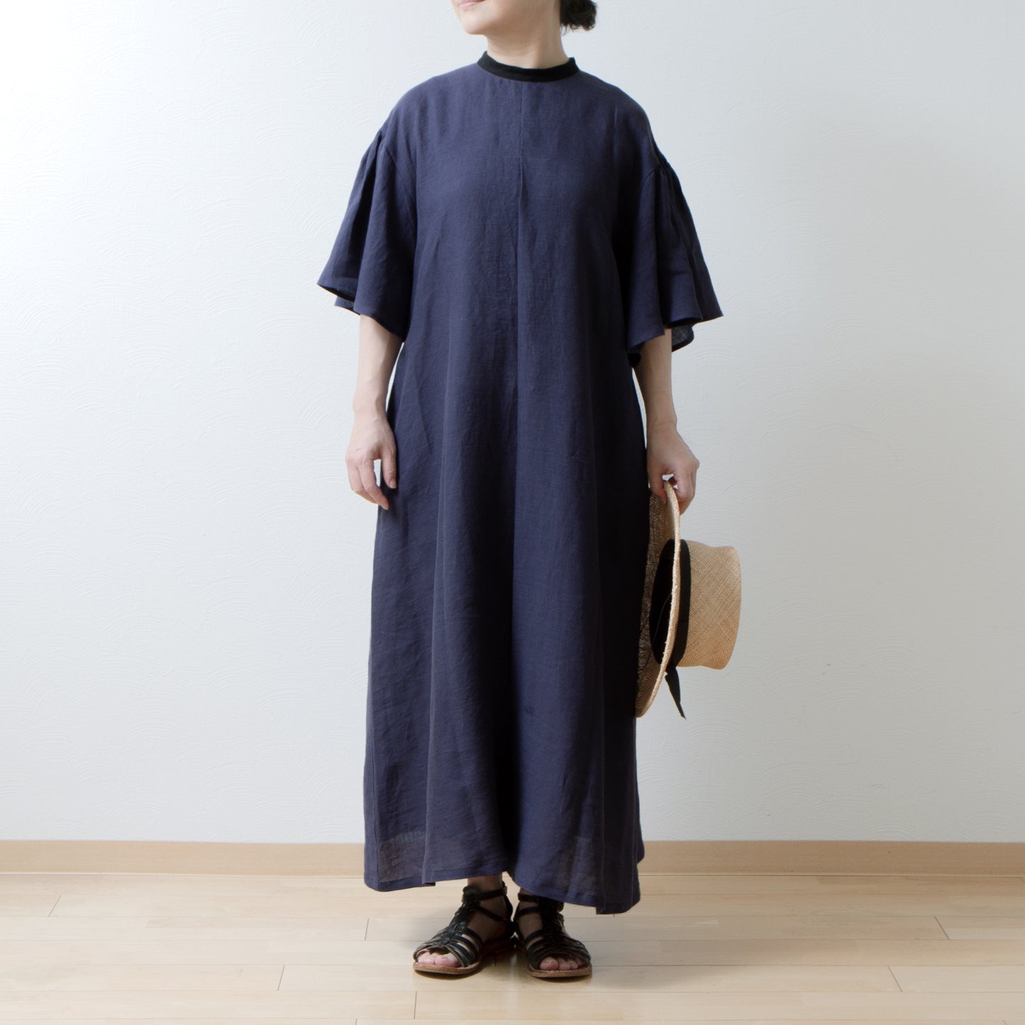 Flared half sleeve A-line linen dress/purple navy