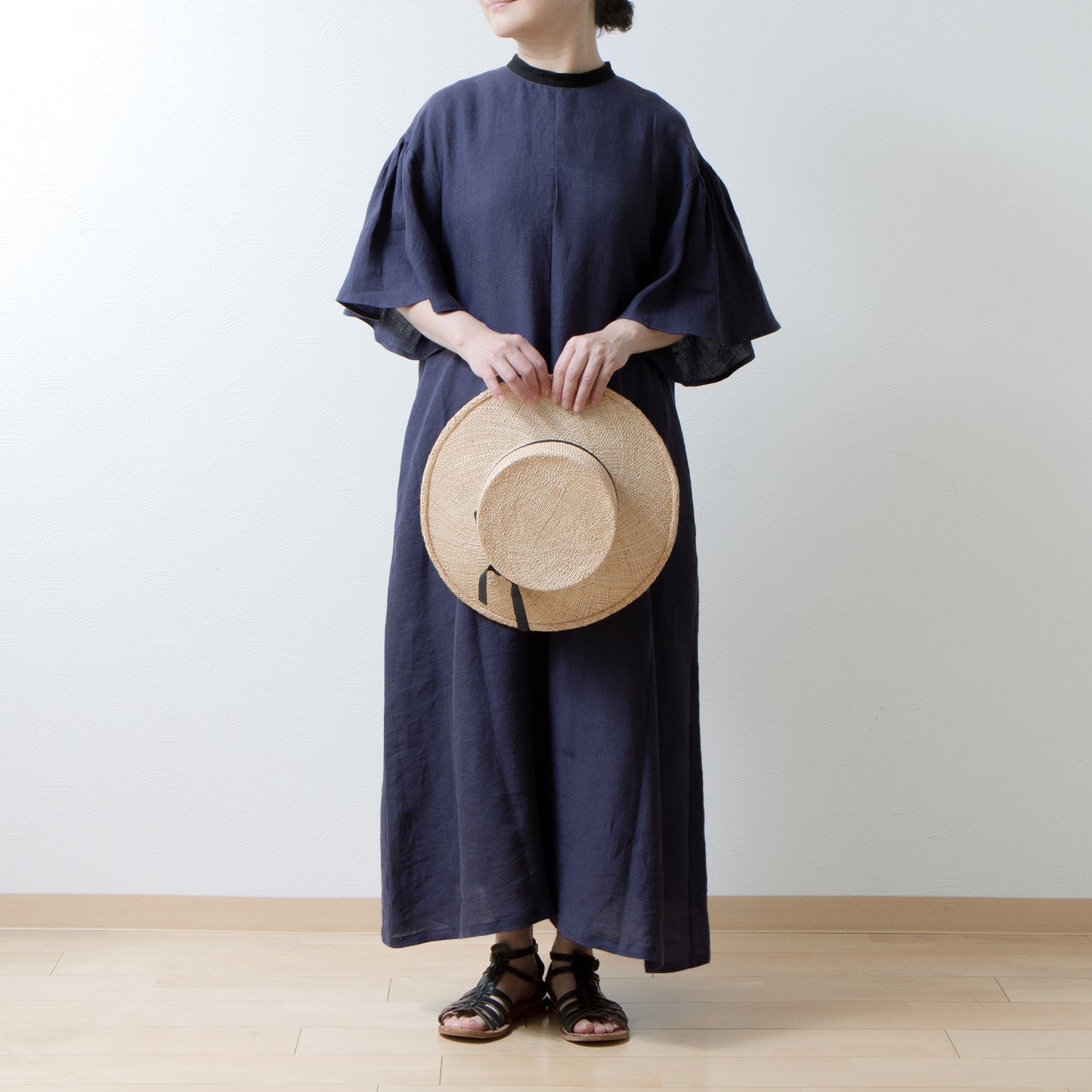 Flared half sleeve A-line linen dress/purple navy