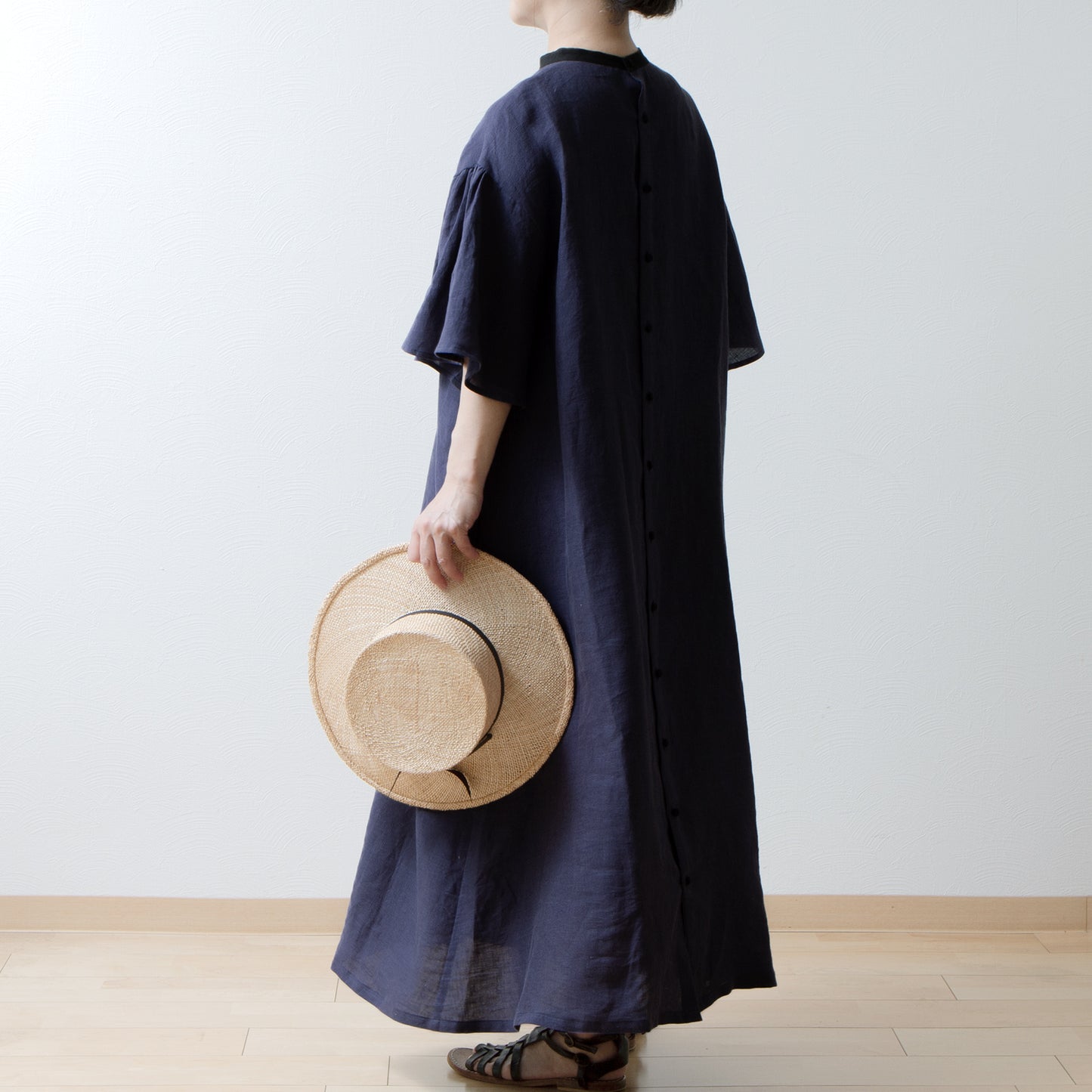 Flared half sleeve A-line linen dress/purple navy