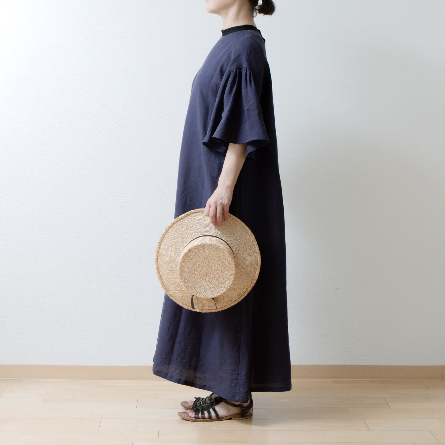 Flared half sleeve A-line linen dress/purple navy